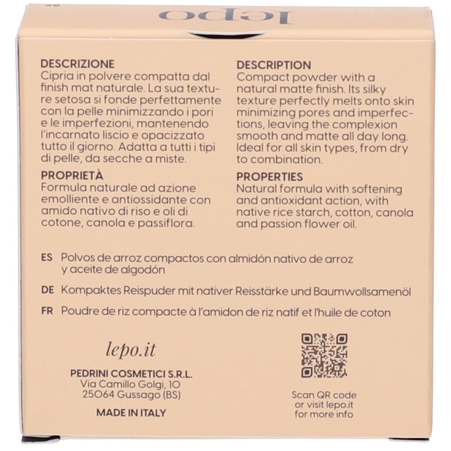 Testo sulla confezione del prodotto. Descrizione, proprietà, ingredienti. Confezione beige. Codice QR.