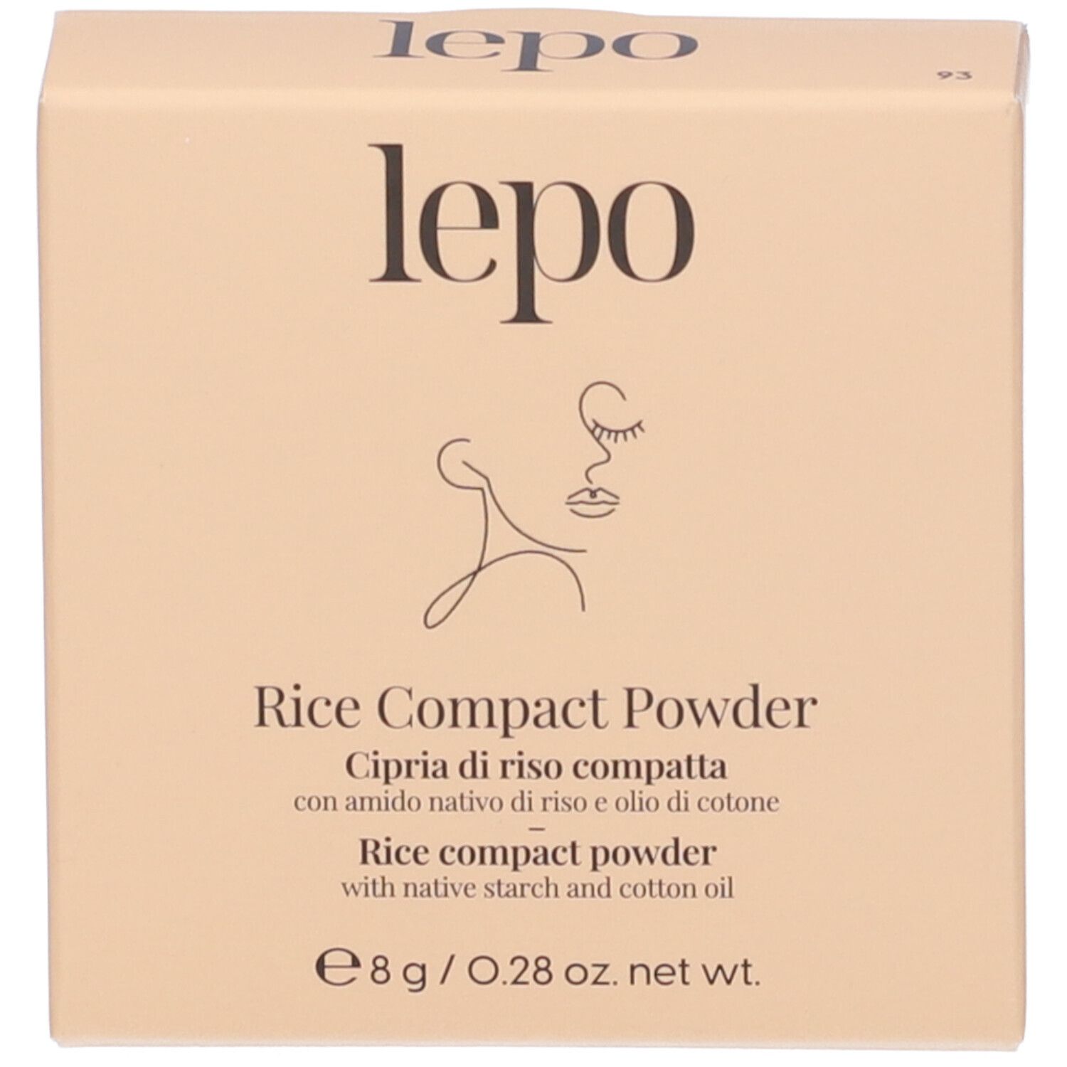 Scatola beige con informazioni sul prodotto. Logo, nome del prodotto, ingredienti e peso.