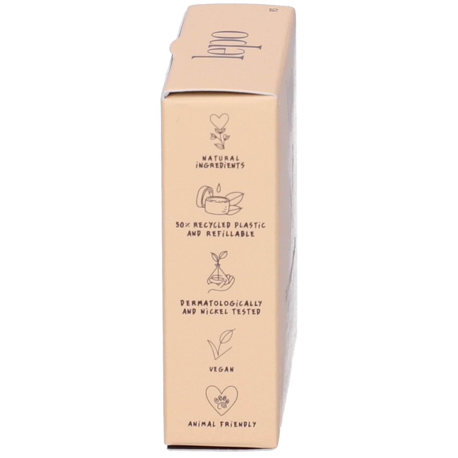 Lato della scatola beige. Simboli per ingredienti naturali, plastica riciclata, dermatologicamente testato, vegano e amico degli animali.