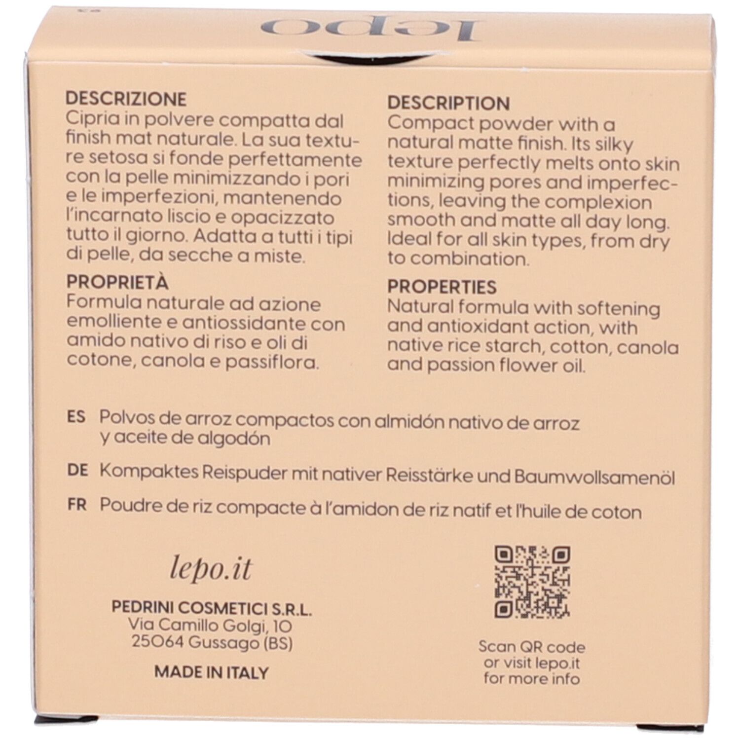 Retro della scatola beige. Descrizione del prodotto, ingredienti, informazioni del produttore e codice QR.