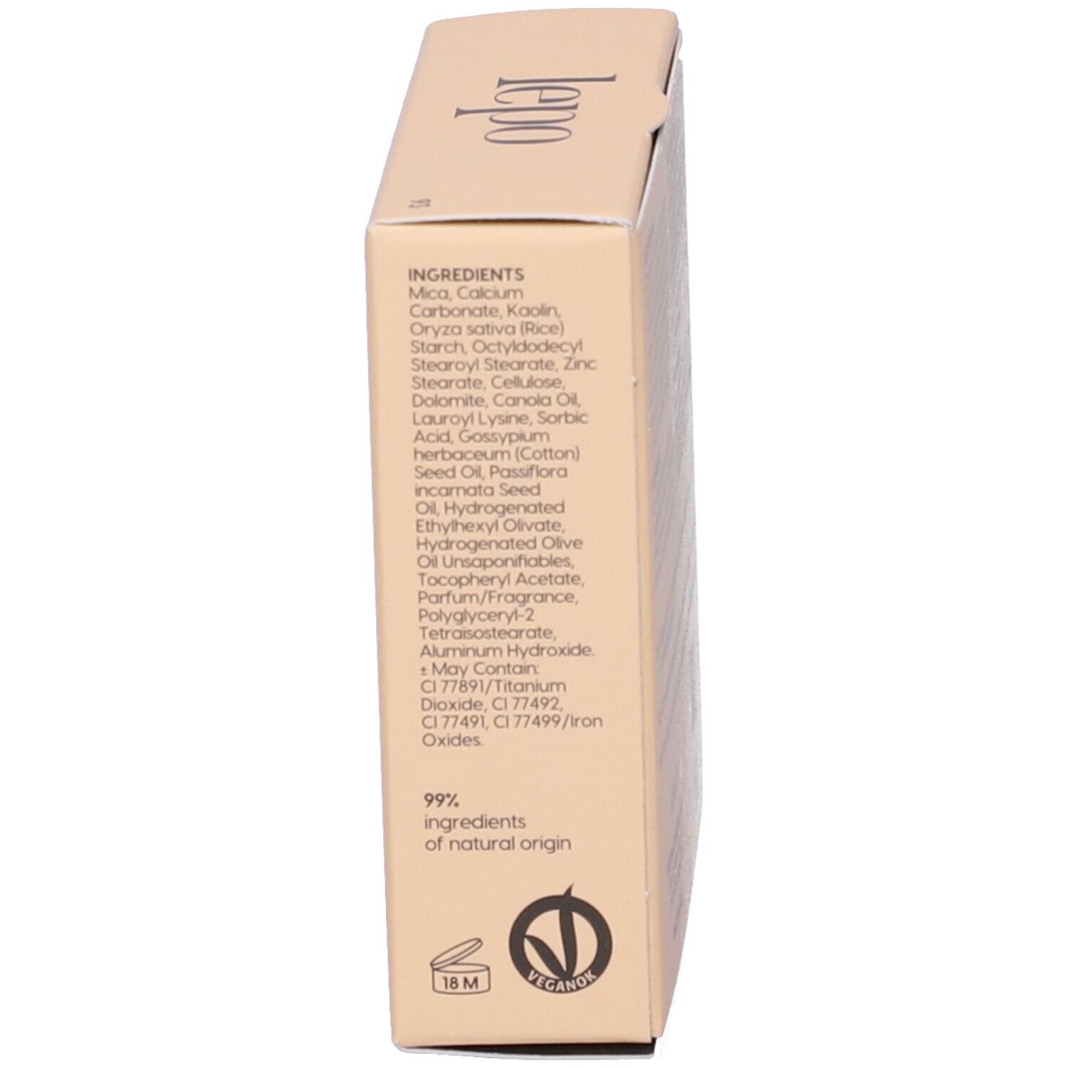 Lato della scatola beige. Ingredienti e simbolo vegano.