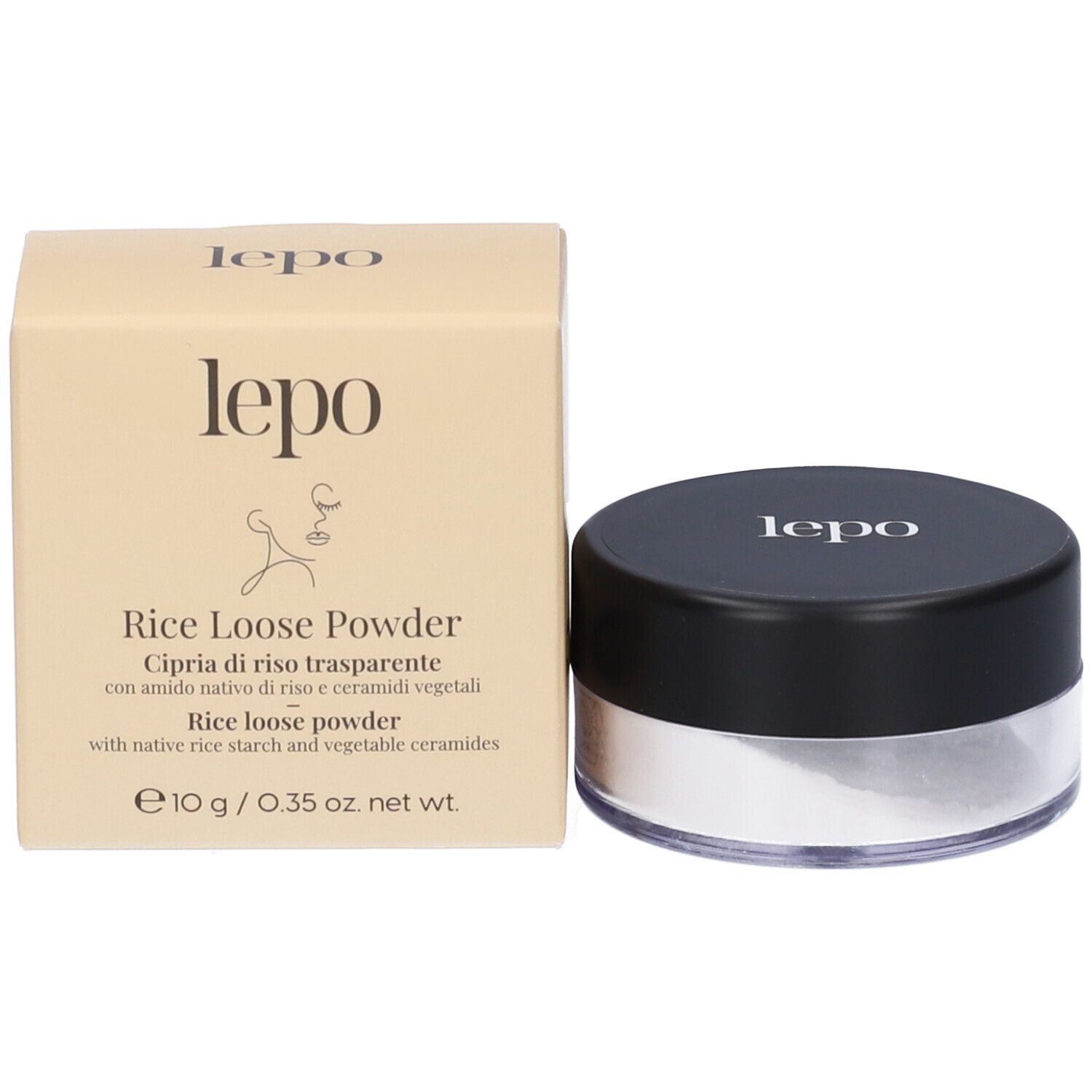 Scatola beige e barattolo di cipria. Marchio: lepo. Testo: Rice Loose Powder. Cipria visibile.