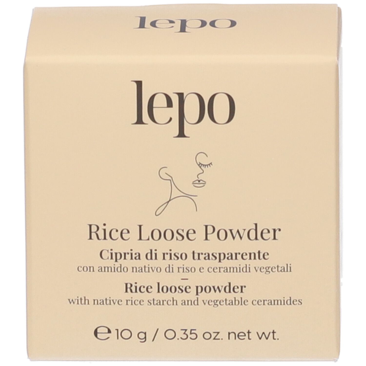 Scatola beige con testo e logo: lepo. Testo: Rice Loose Powder. Nome del prodotto e ingredienti.