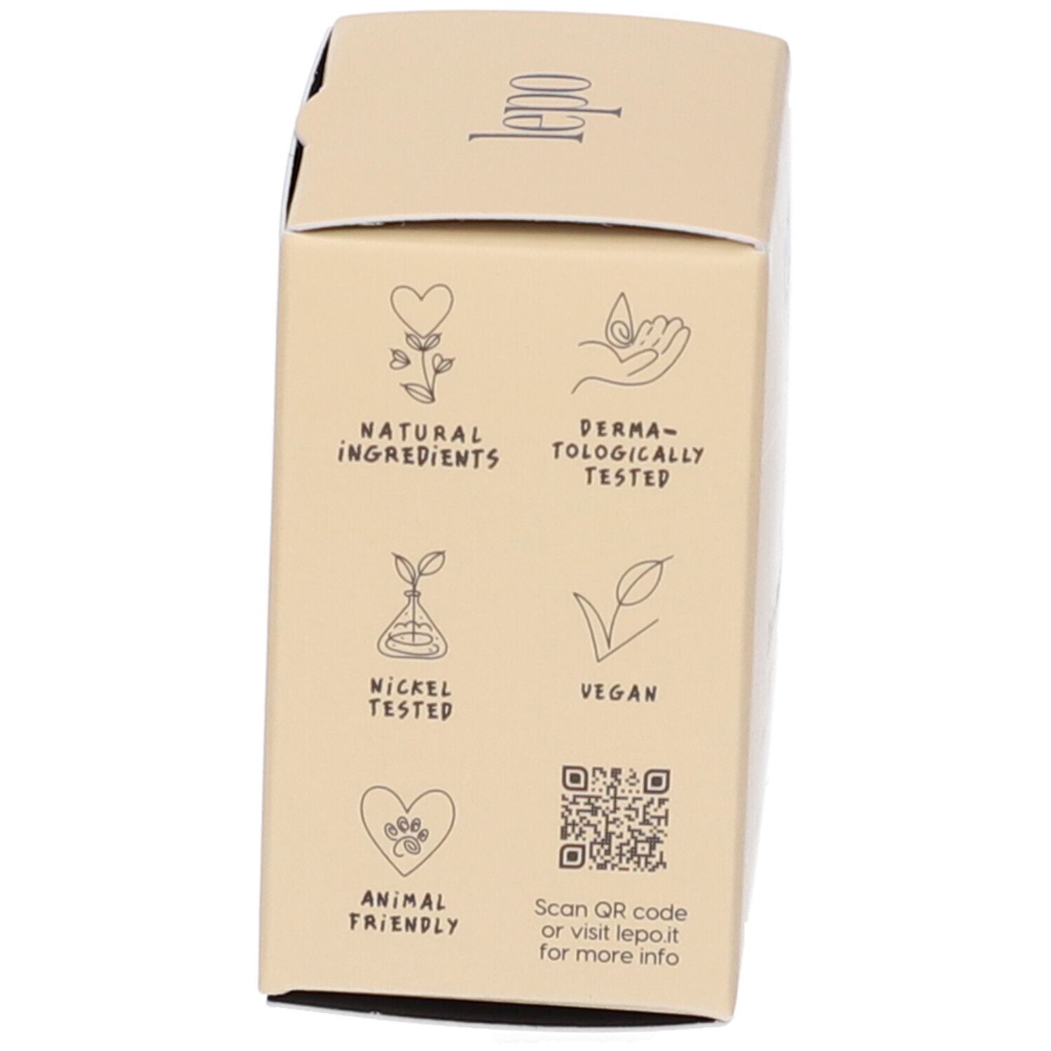 Scatola beige con simboli. Simboli per ingredienti naturali, dermatologicamente testato, vegano, ecc.