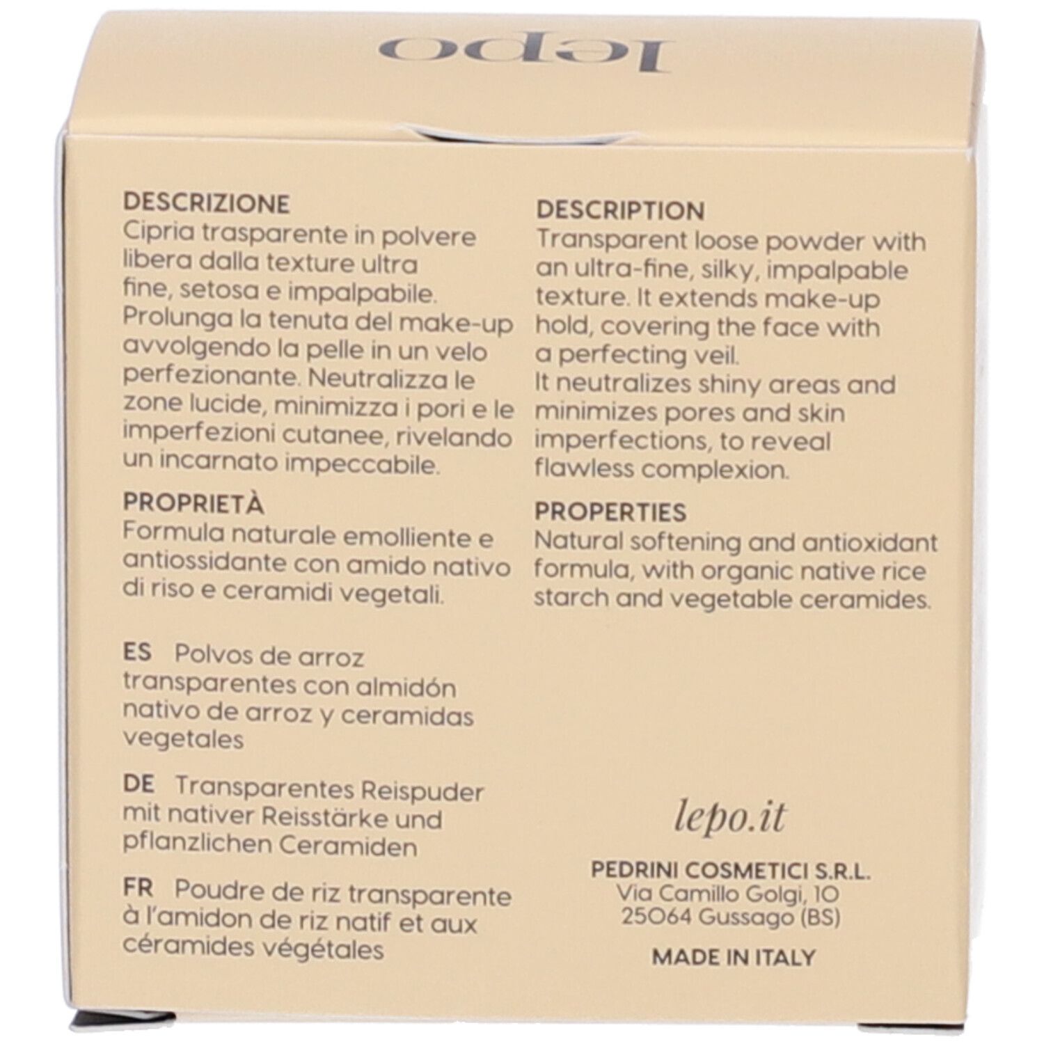 Scatola beige con testo. Testo: descrizione, proprietà, ingredienti. Marchio: lepo.it.