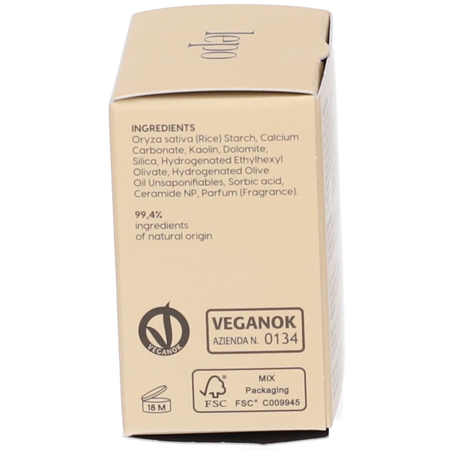 Scatola beige con testo. Testo: ingredienti, certificazione vegana, certificazione FSC.