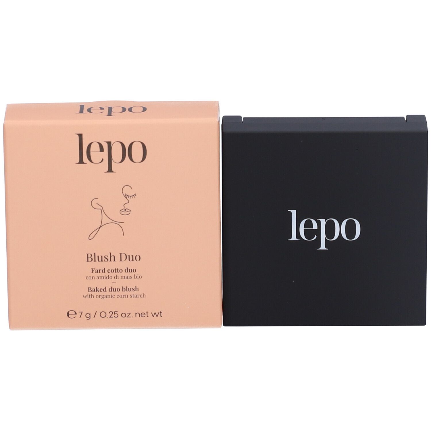 Confezione per Blush Duo. Marchio lepo. Scatola rosa e contenitore nero.