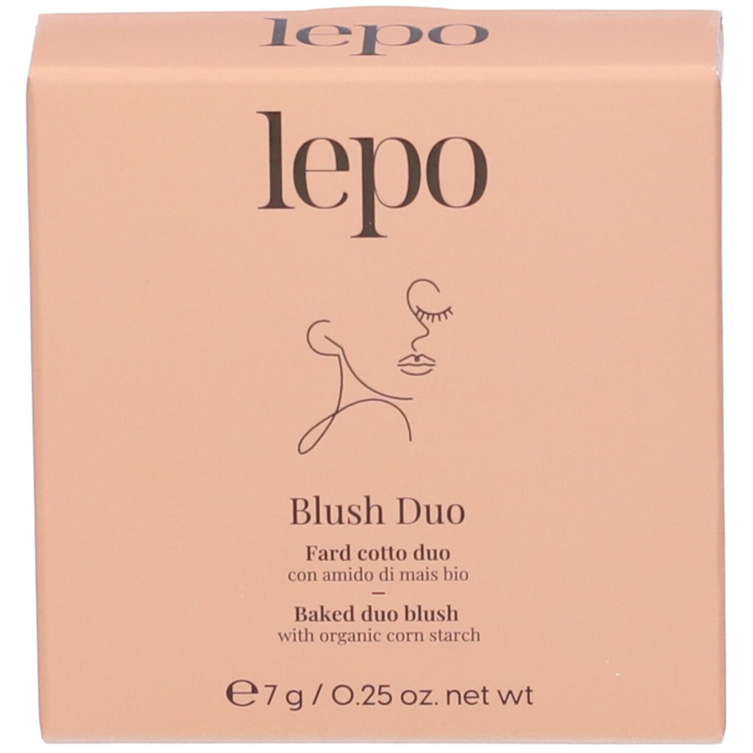 Confezione Blush Duo. Marchio lepo. Scatola rosa con informazioni e illustrazione.