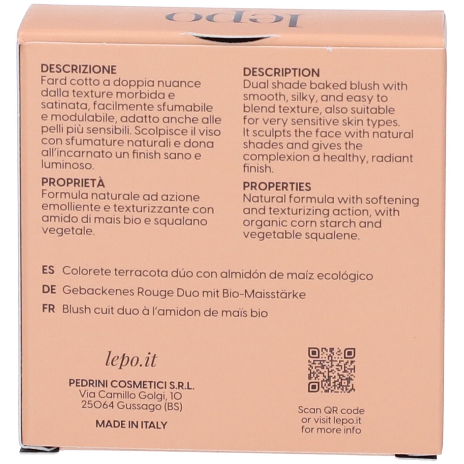 Retro della confezione Blush Duo. Descrizione del prodotto, ingredienti, codice QR e informazioni del produttore.