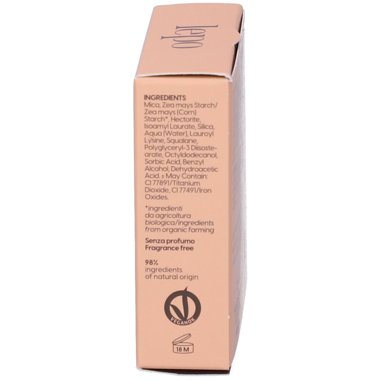 Lato della confezione Blush Duo. Ingredienti, logo vegano, 98% ingredienti di origine naturale.