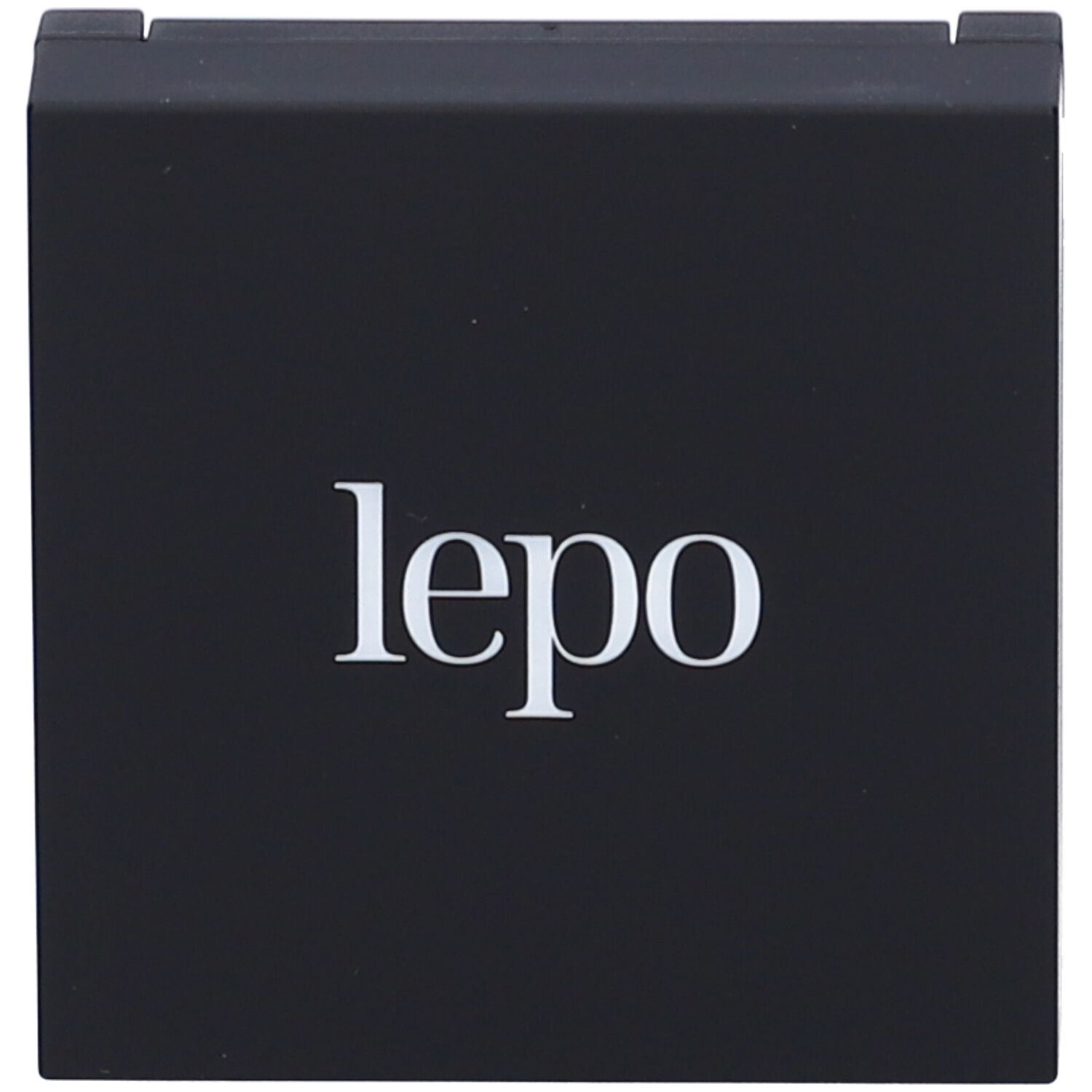 Contenitore nero per fard compatto con logo 'lepo' bianco.
