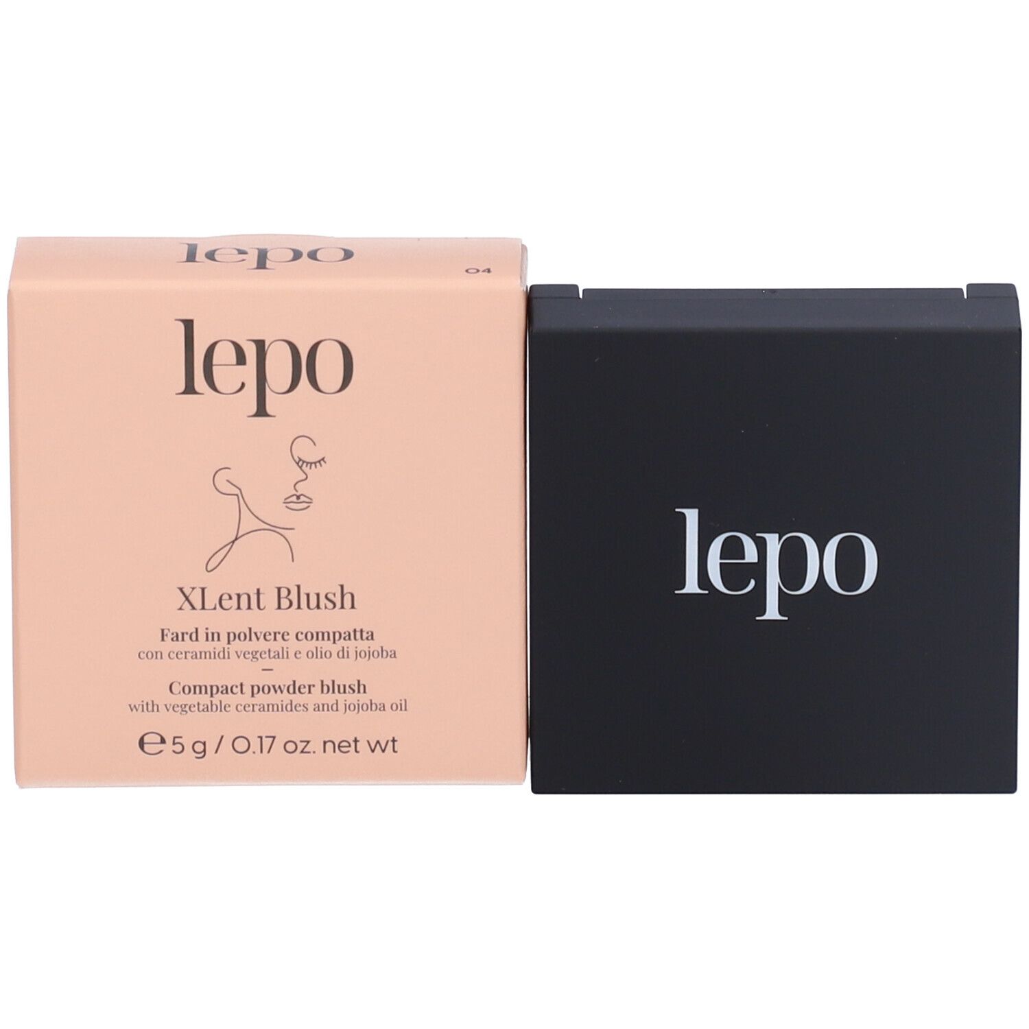 Confezione e contenitore del fard compatto. Logo 'lepo' e nome del prodotto visibili.