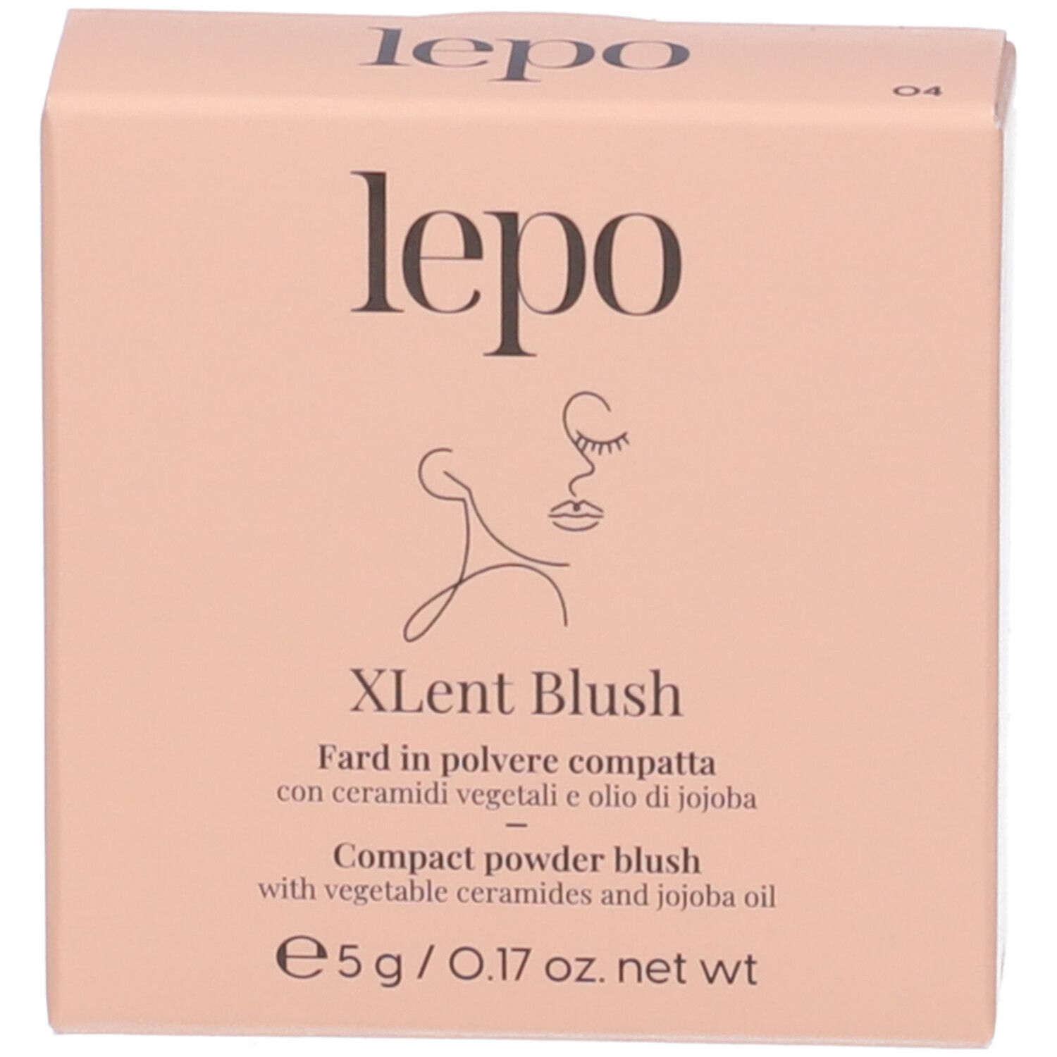 Confezione del fard compatto. Logo 'lepo', nome del prodotto e illustrazione.