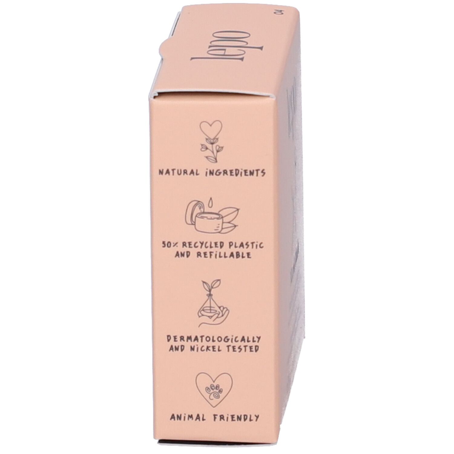 Lato della confezione del fard compatto. Testo sugli ingredienti e certificazioni.