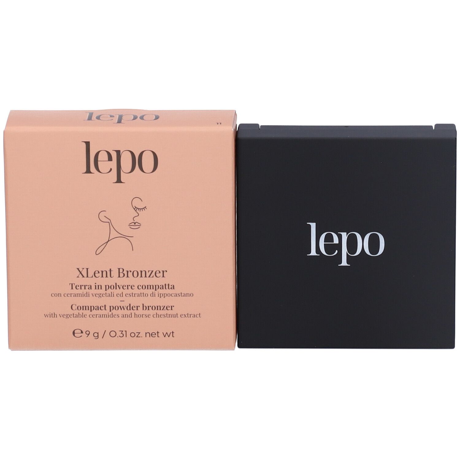 Confezione e bronzer in polvere compatta. Scritta: lepo. Nome del prodotto e logo.