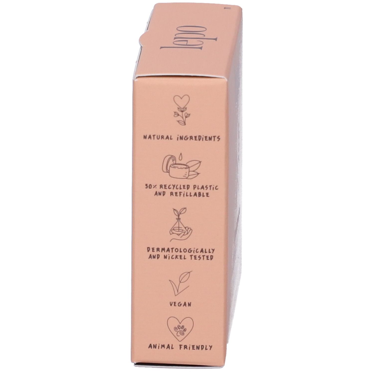 Confezione con loghi e testo. Scritta: ingredienti naturali, vegano, amico degli animali.