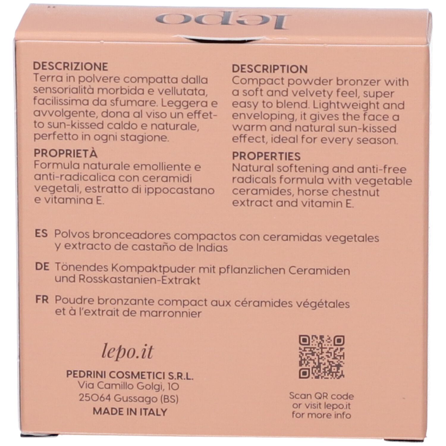 Confezione con testo. Descrizione del prodotto in più lingue.