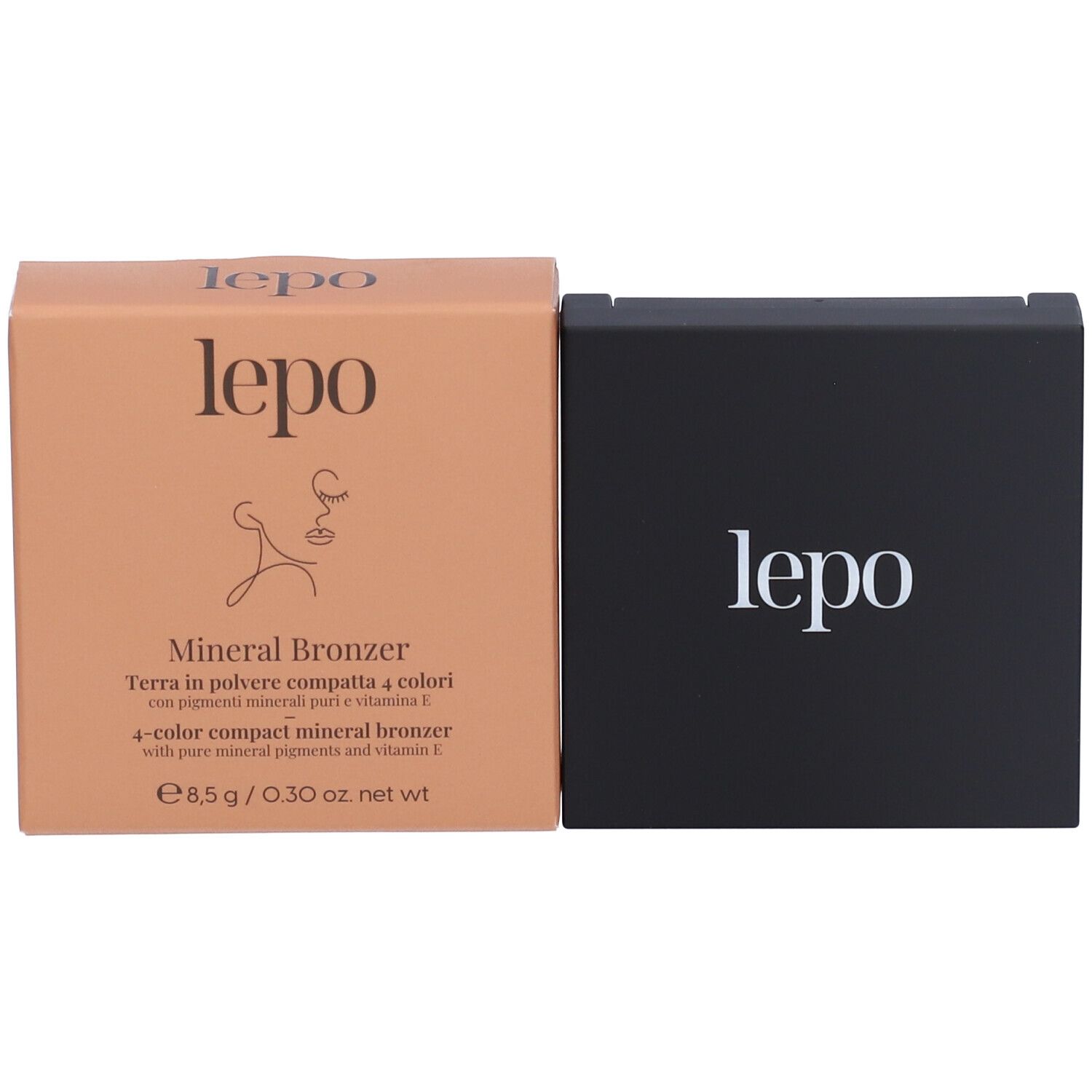 Confezione compatta e confezione compatta nera. Entrambe con logo 'lepo'. Aperto e chiuso.