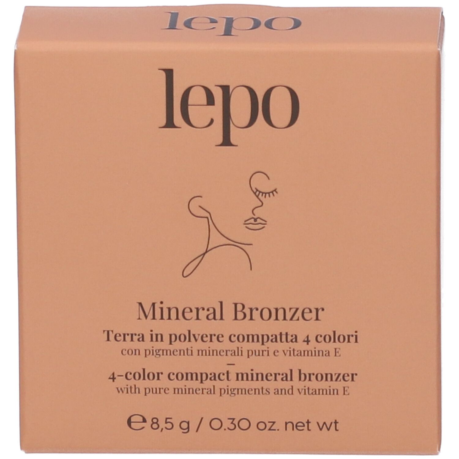 Confezione compatta con logo 'lepo' e informazioni sul prodotto. Testo: Mineral Bronzer, 4 colori, 8,5g.