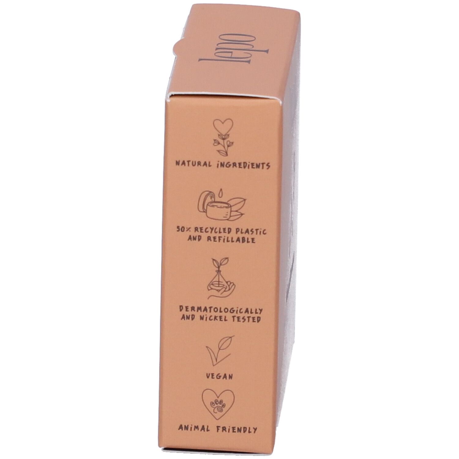 Lato della confezione compatta. Testo: Ingredienti naturali, 50% riciclato, dermatologicamente testato, vegano, amico degli animali.