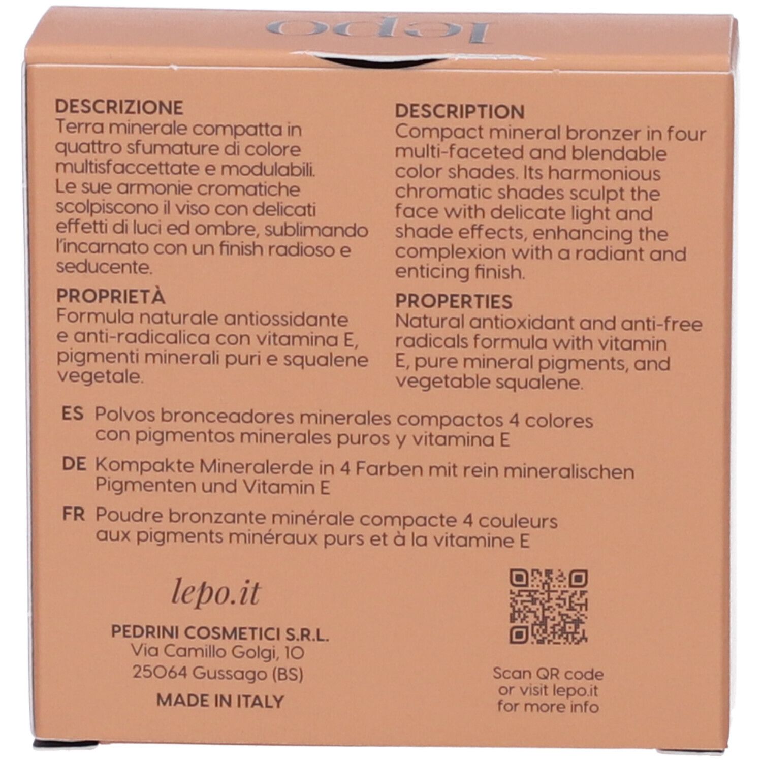 Retro della confezione compatta. Testo: Descrizione, Proprietà, Ingredienti, lepo.it, Made in Italy.