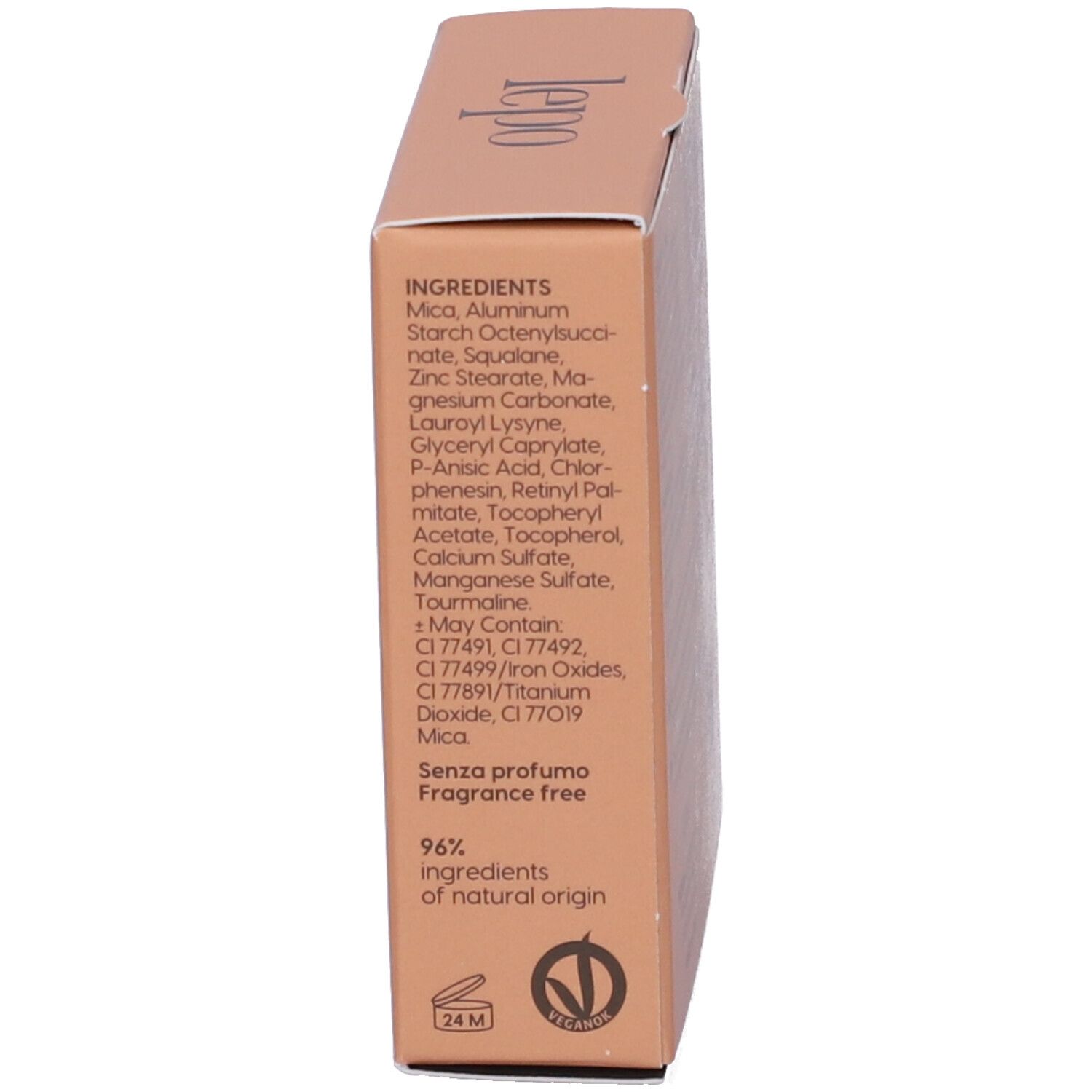 Lato della confezione compatta. Testo: Ingredienti, 96% ingredienti di origine naturale, 24M, vegano.