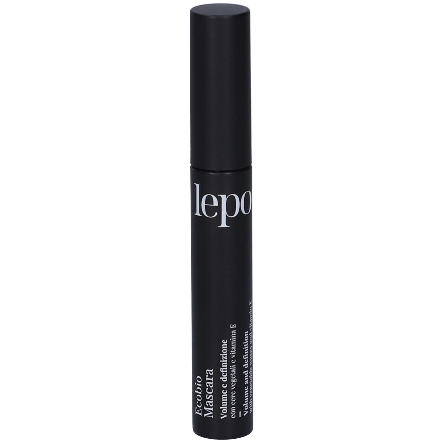 Tubetto nero mascara con logo LEPO bianco. Testo: Ecobio Mascara, Volume e definizione.