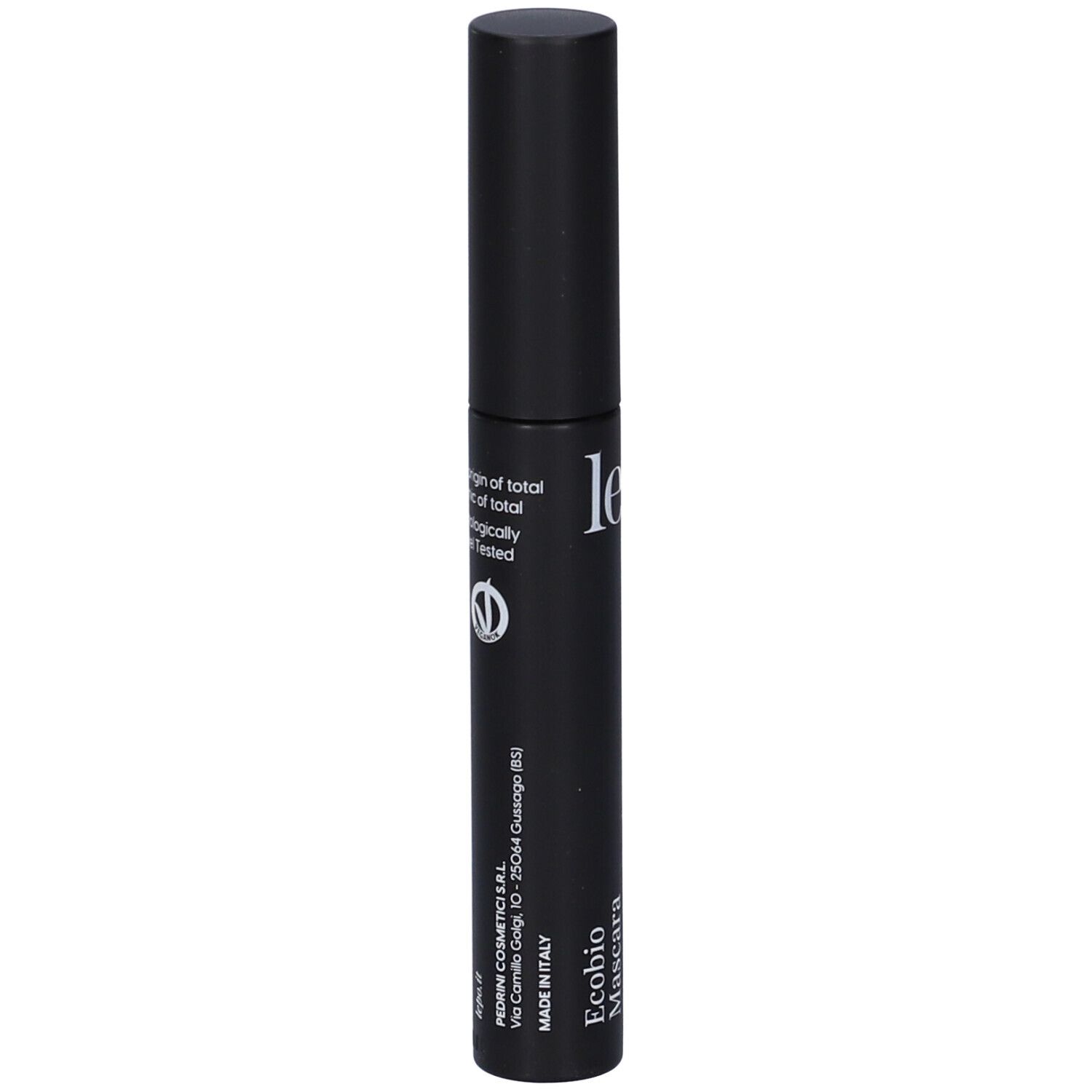 Tubetto nero mascara con logo LEPO bianco. Testo: Ecobio Mascara, Volume e definizione.