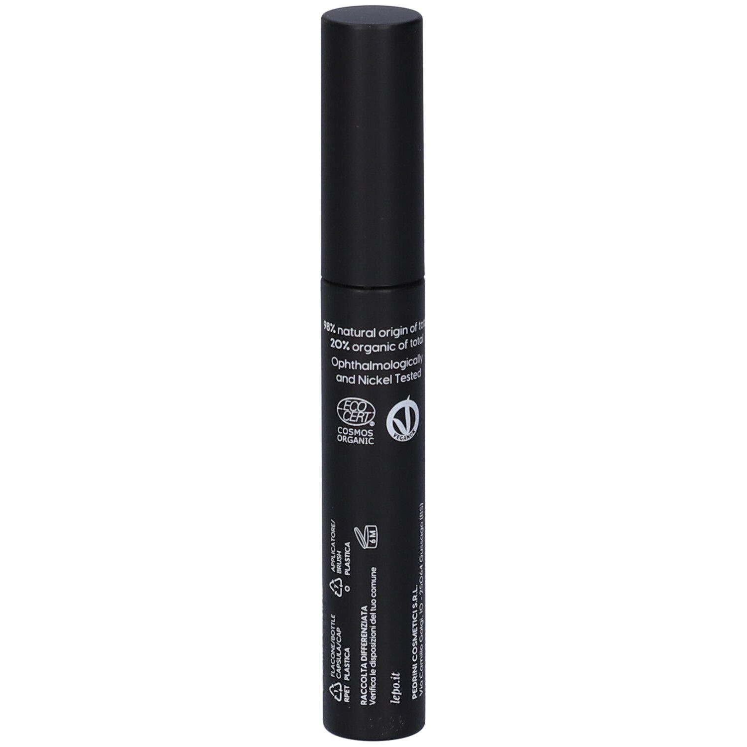 Tubetto nero mascara con logo LEPO bianco. Testo: Ecobio Mascara, Volume e definizione.