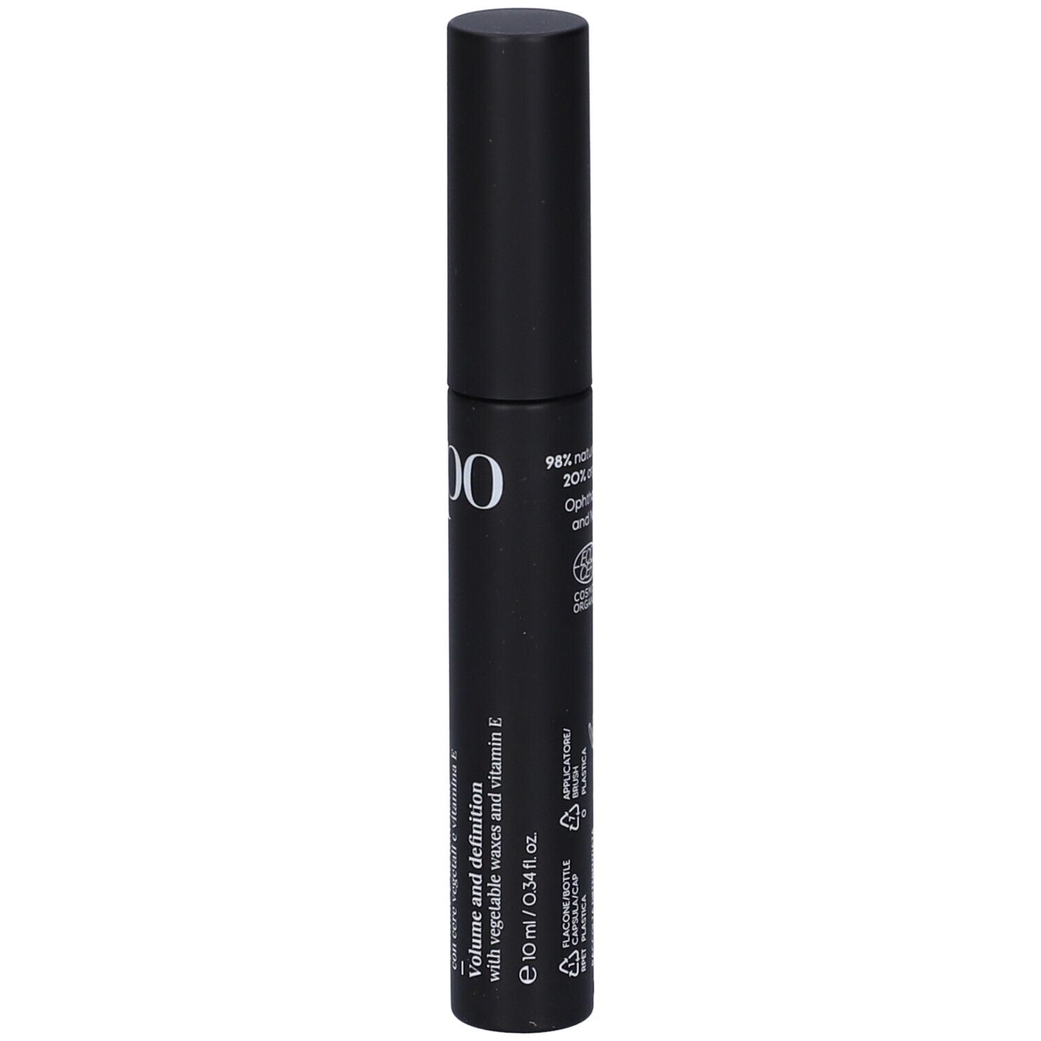 Tubetto nero mascara con logo LEPO bianco. Testo: Ecobio Mascara, Volume e definizione.