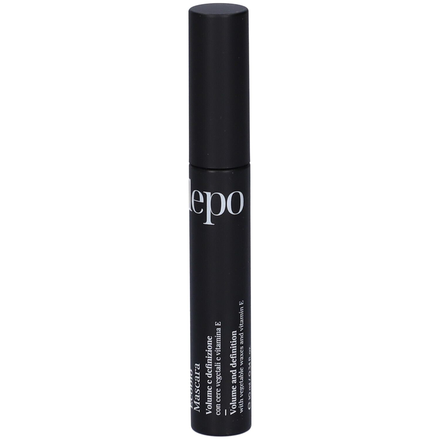 Tubetto nero mascara con logo LEPO bianco. Testo: Ecobio Mascara, Volume e definizione.