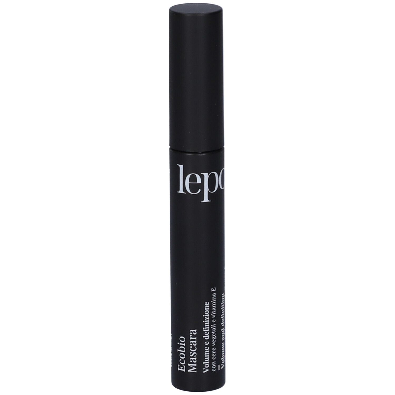 Tubetto nero mascara con logo LEPO bianco. Testo: Ecobio Mascara, Volume e definizione.