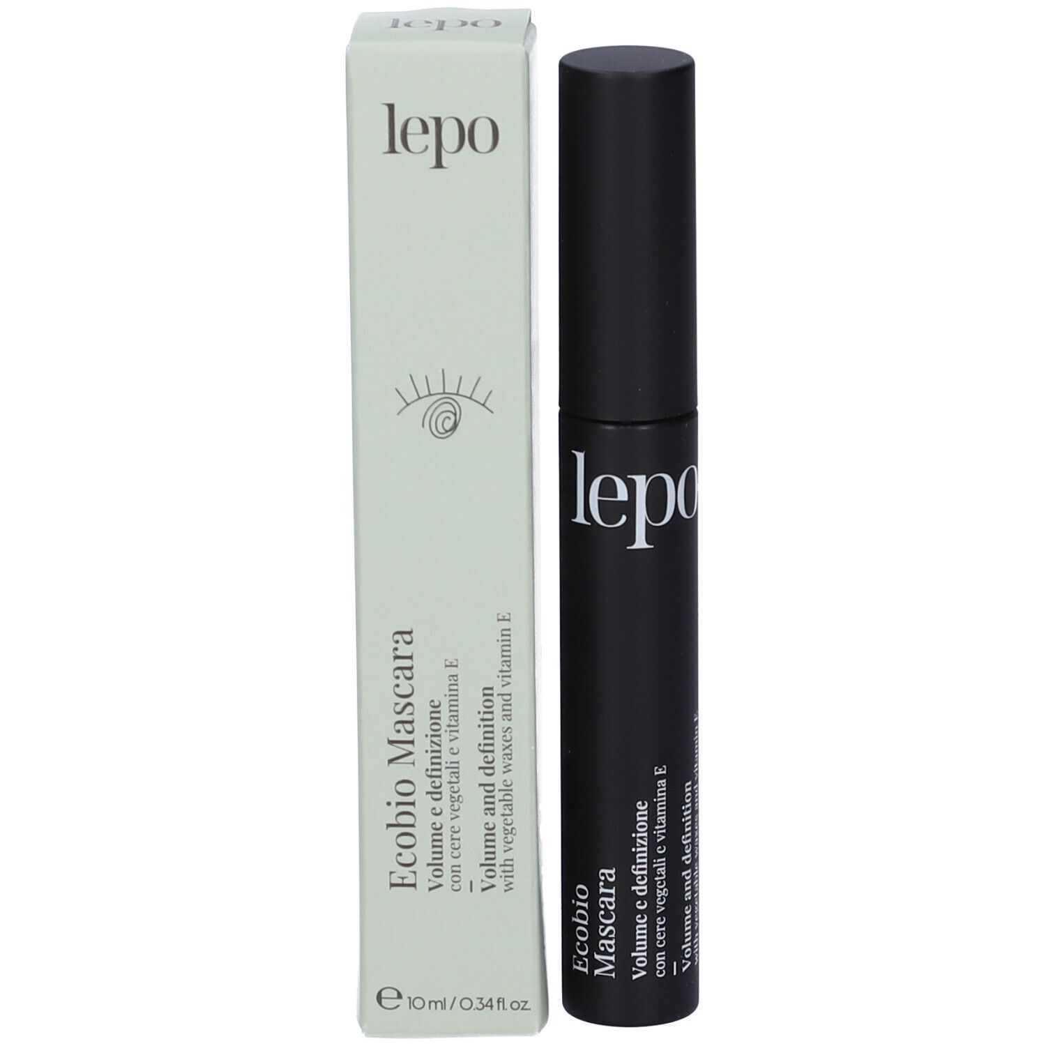 Mascara LEPO Ecobio. Tubetto nero e confezione verde. Volume e definizione.