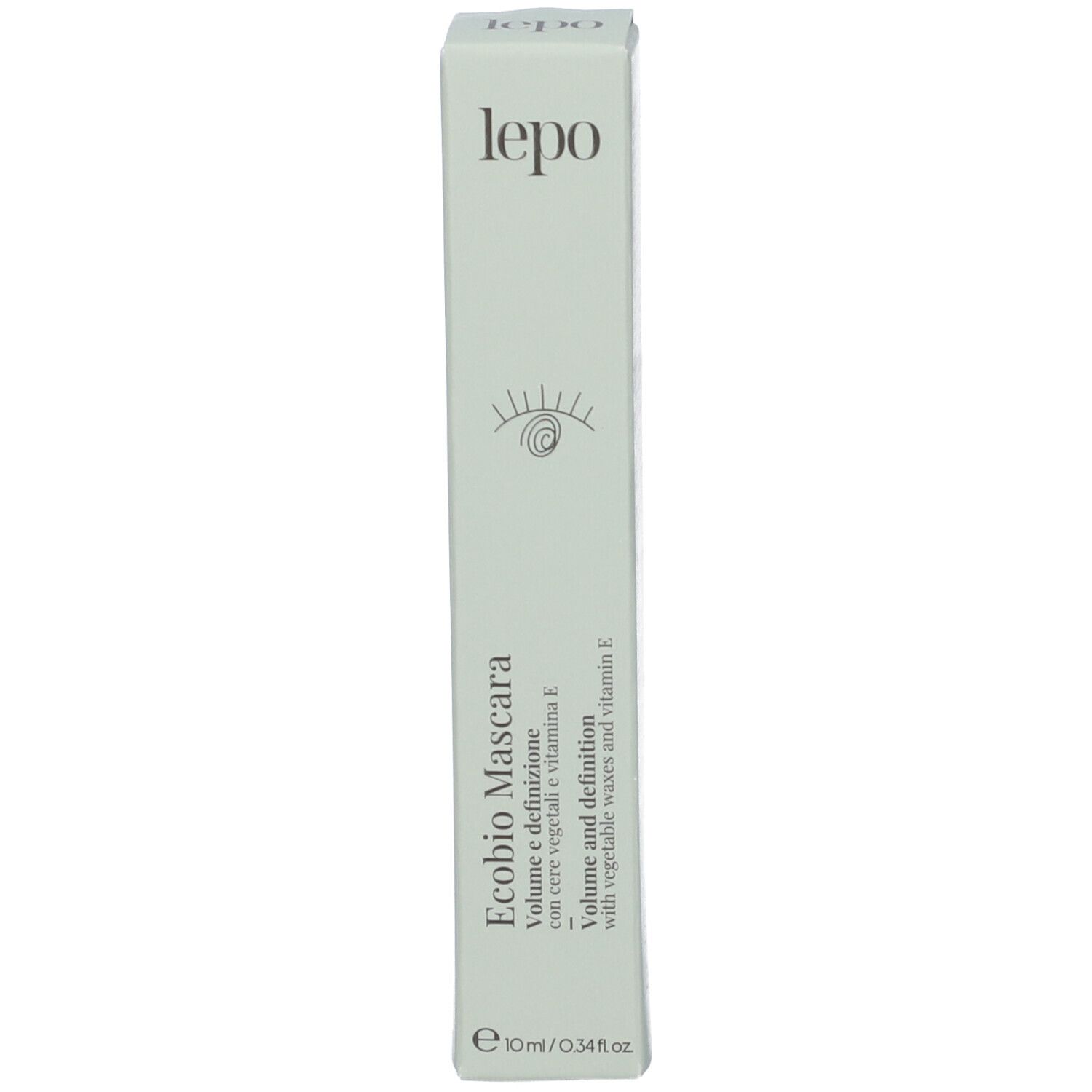 Confezione verde per LEPO Ecobio Mascara. Testo: Volume e definizione.