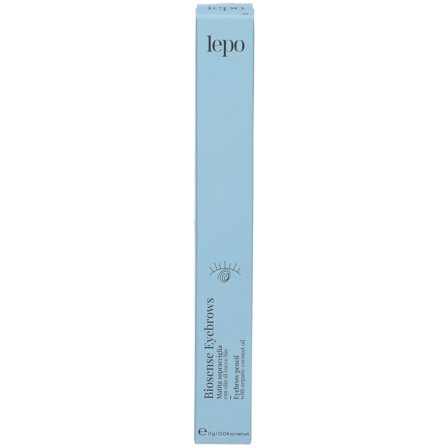 Confezione blu. Nome e logo del prodotto. Testo: Biosense Eyebrows, Matita sopracciglia, Eyebrow pencil.