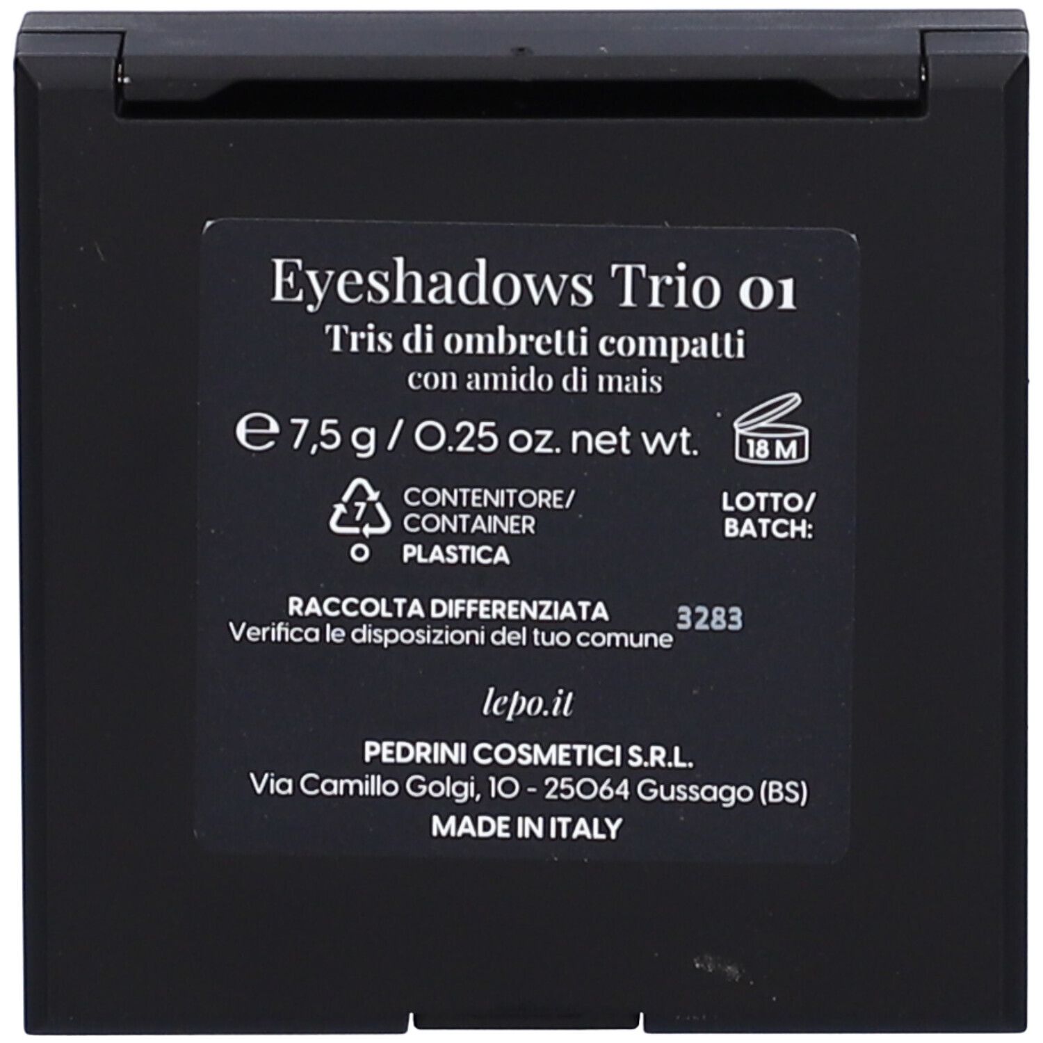 Retro della palette ombretti. Informazioni sul prodotto, ingredienti, indirizzo del produttore.