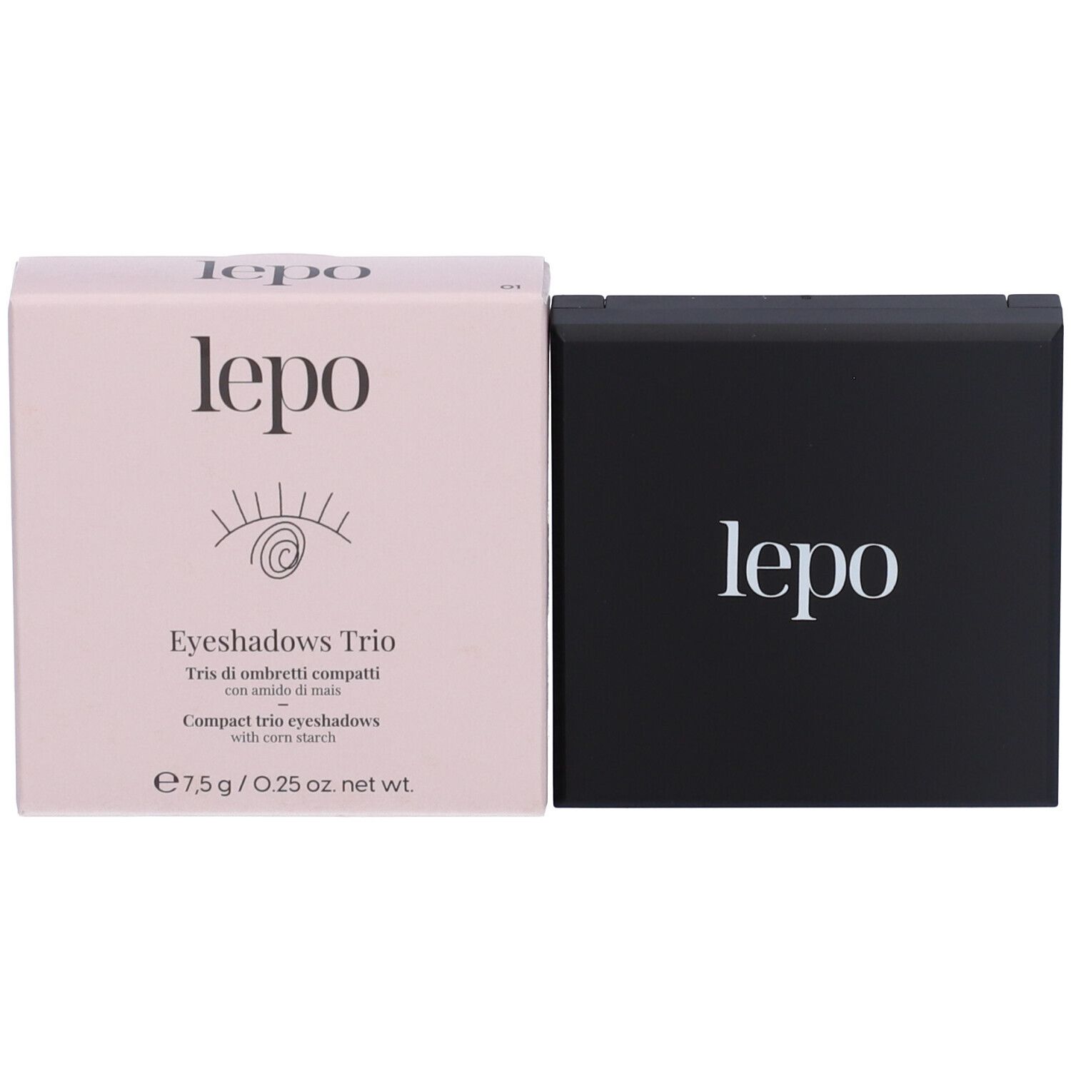 LEPO Eyeshadows Trio e confezione. Confezione rosa con nome e logo del prodotto. Coperchio nero.