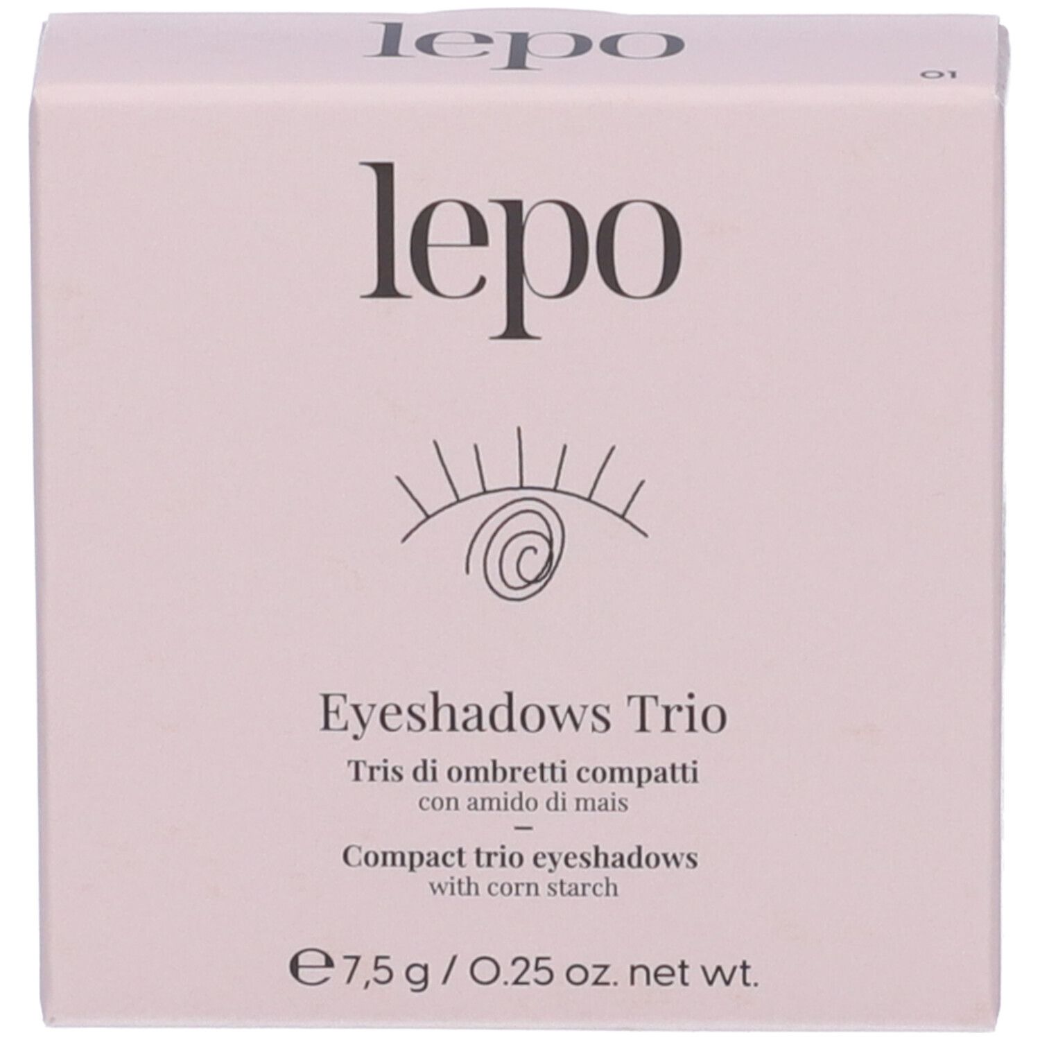 Confezione LEPO Eyeshadows Trio. Nome del prodotto, logo e ingredienti. Confezione rosa.
