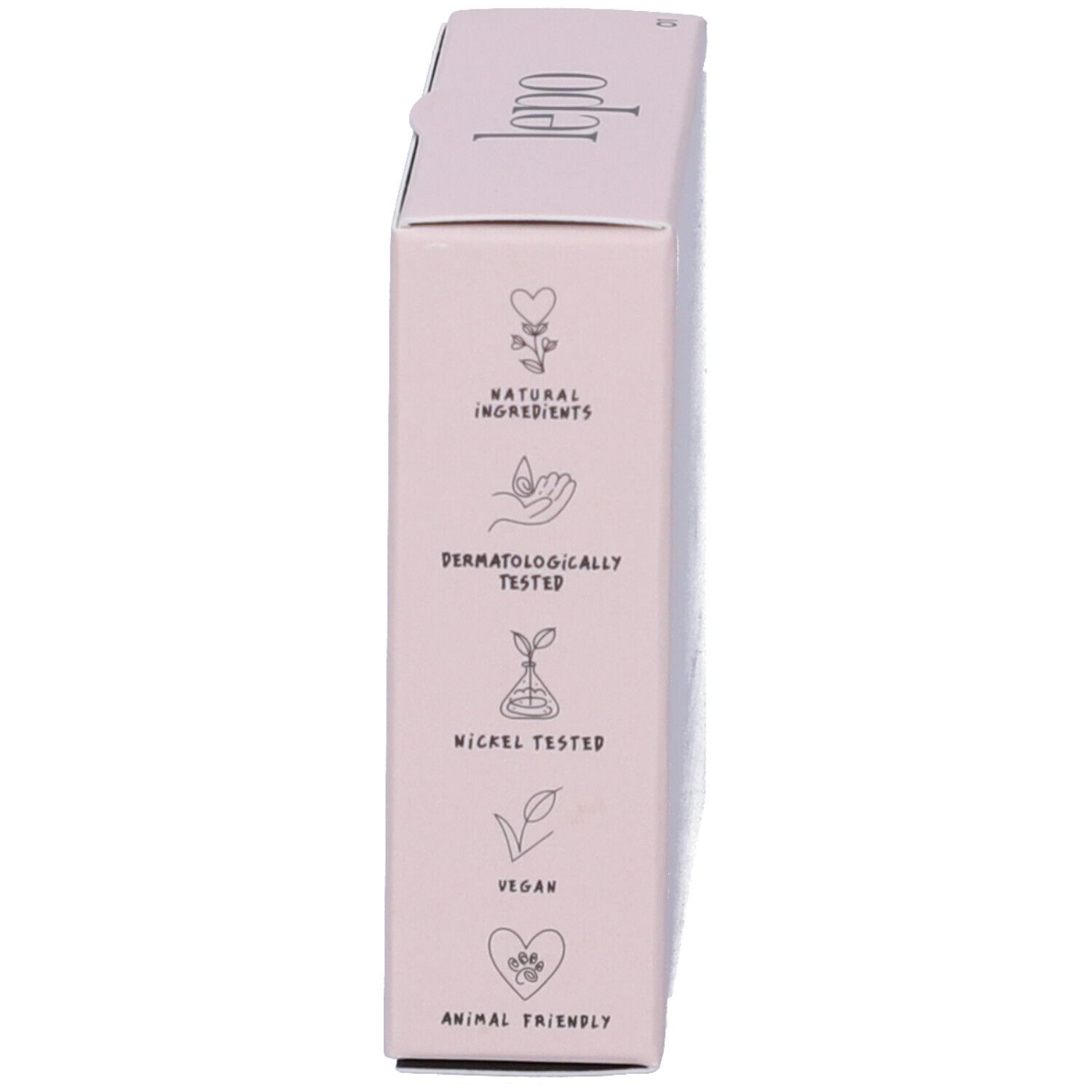 Lato della confezione LEPO Eyeshadows Trio. Simboli per ingredienti naturali, testato dermatologicamente, vegano.