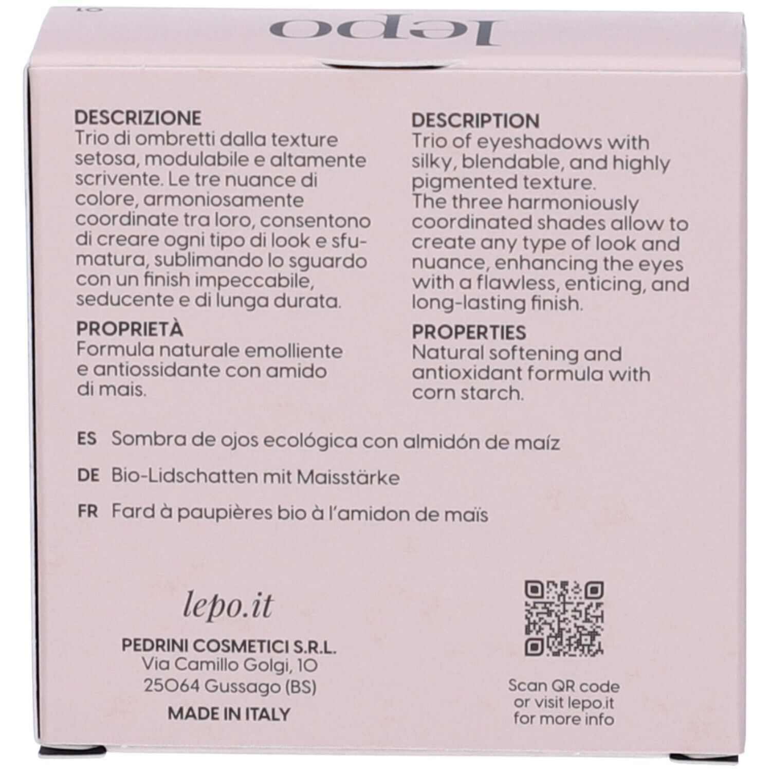 Retro della confezione LEPO Eyeshadows Trio. Descrizione del prodotto, ingredienti, indirizzo del produttore.