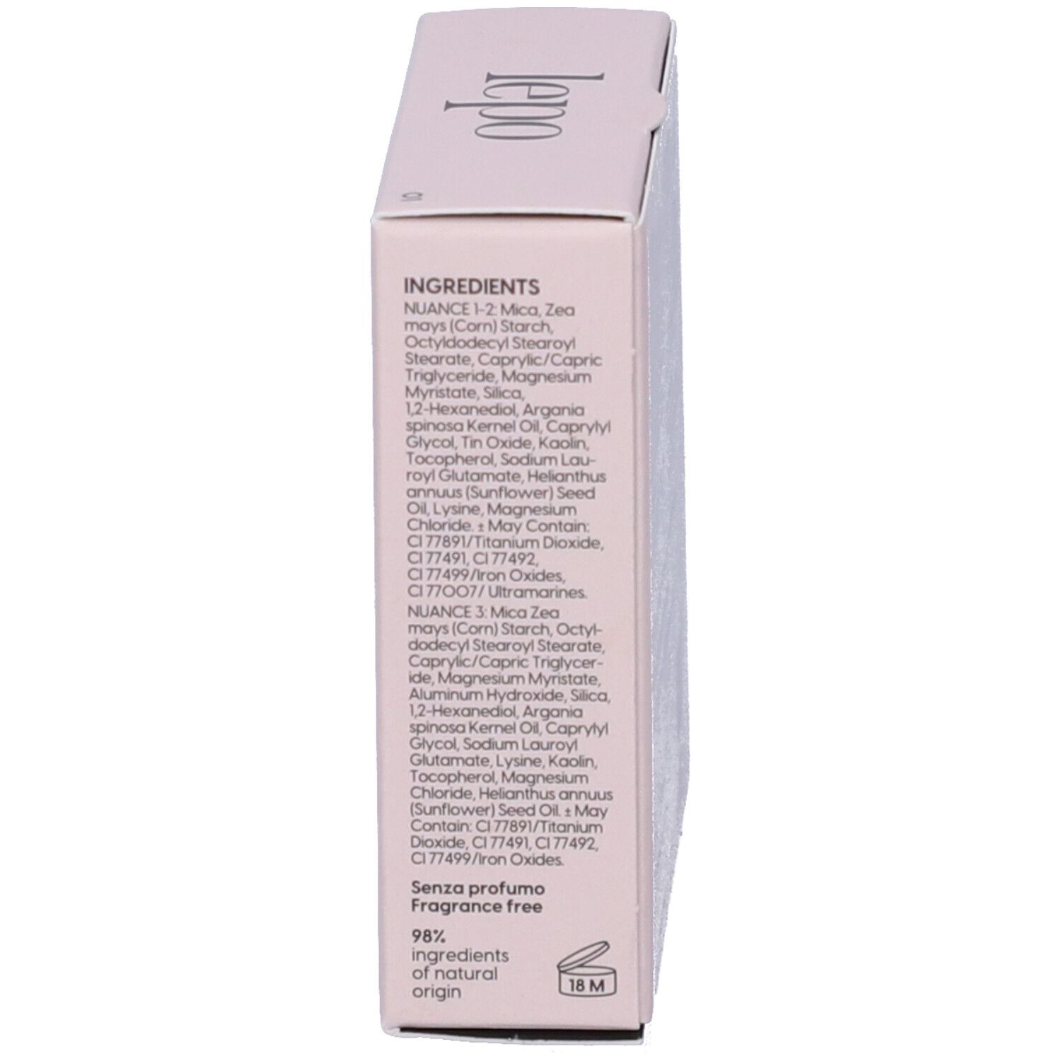 Lato della confezione LEPO Eyeshadows Trio. Ingredienti, 98% ingredienti naturali, simbolo 18M.