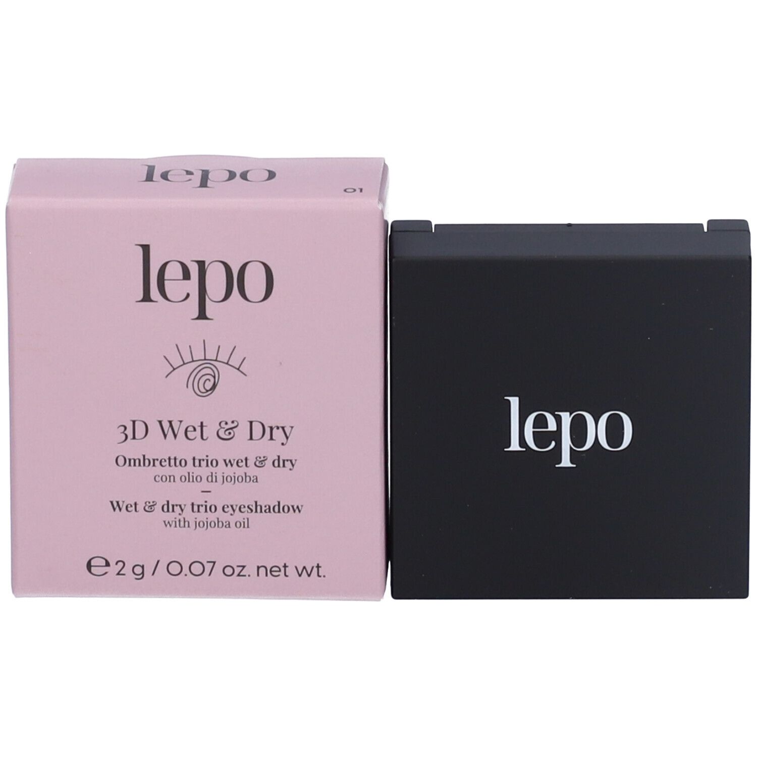 Confezione LEPO 3D Wet & Dry Ombretto Trio. Scatola rosa con informazioni sul prodotto e logo.