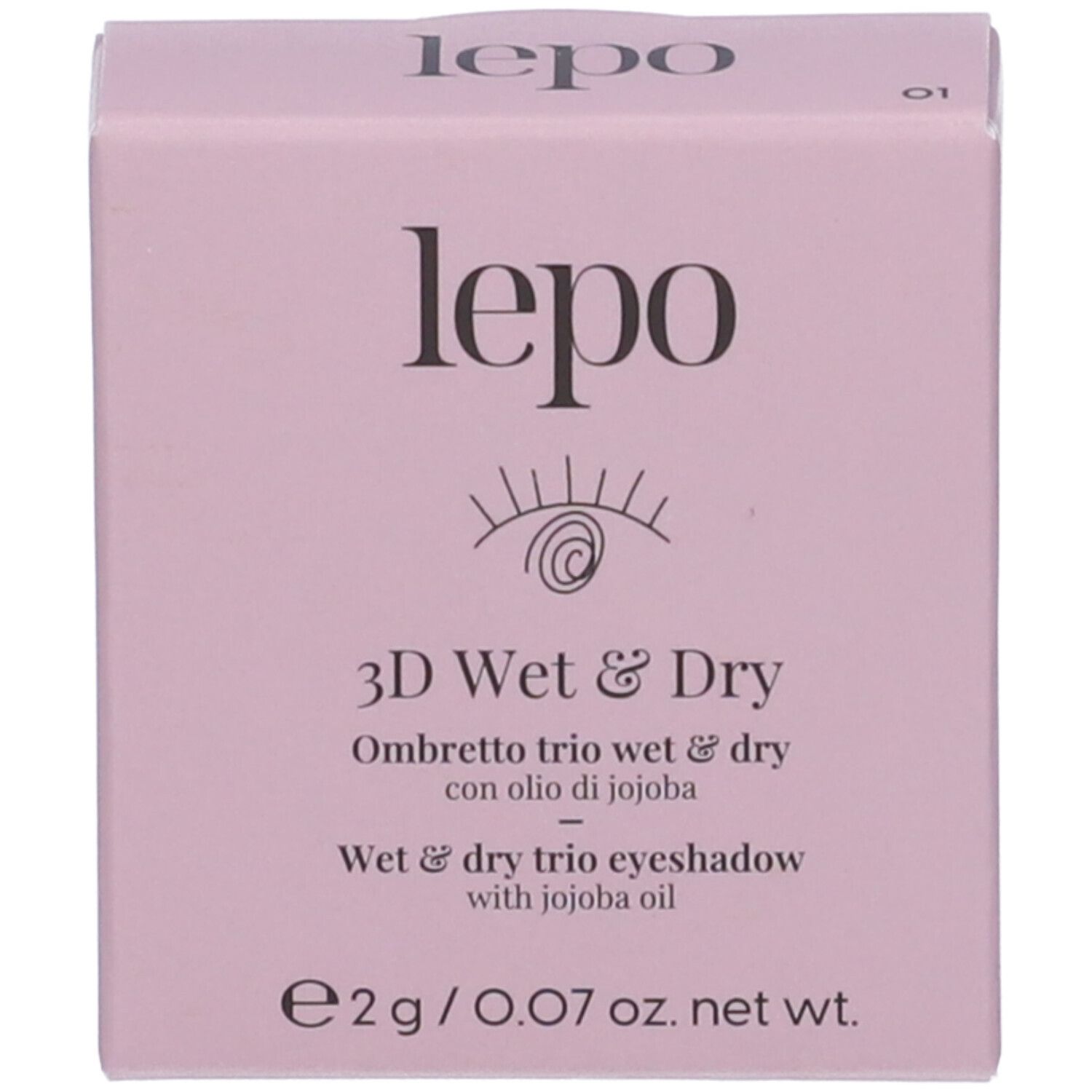 Confezione LEPO 3D Wet & Dry Ombretto Trio. Scatola rosa con informazioni sul prodotto e logo.