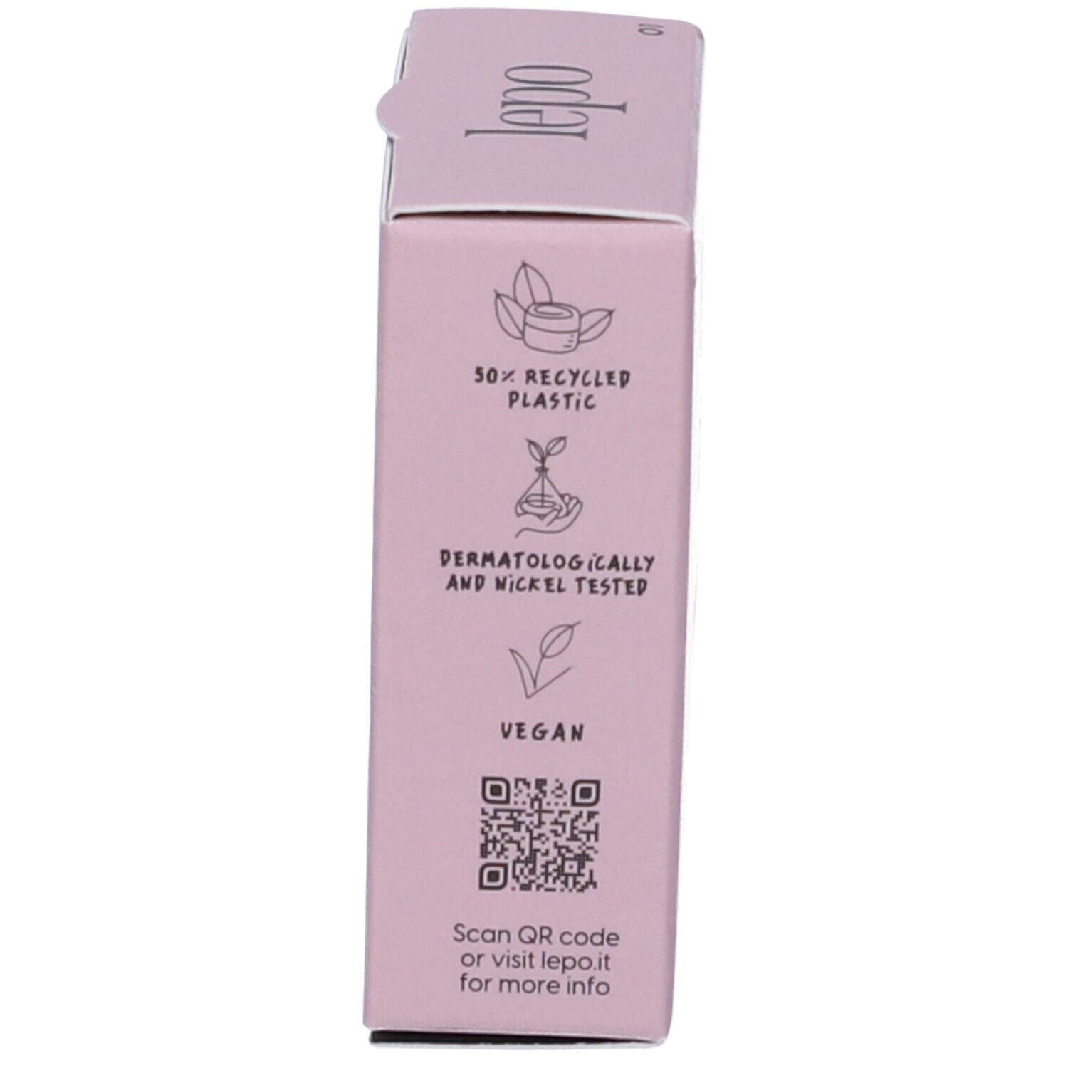 Lato della confezione LEPO 3D Wet & Dry Ombretto Trio. Testo: 50% plastica riciclata, vegano.