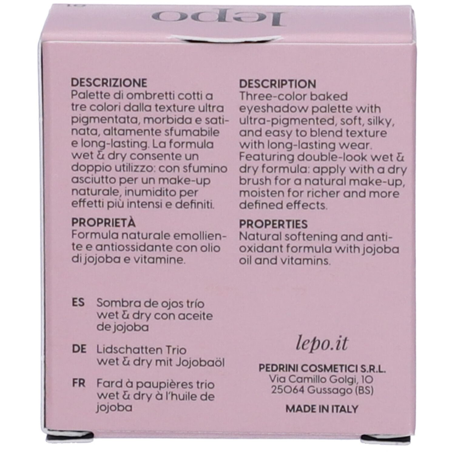 Retro della confezione LEPO 3D Wet & Dry Ombretto Trio. Testo: descrizione, proprietà, ingredienti.