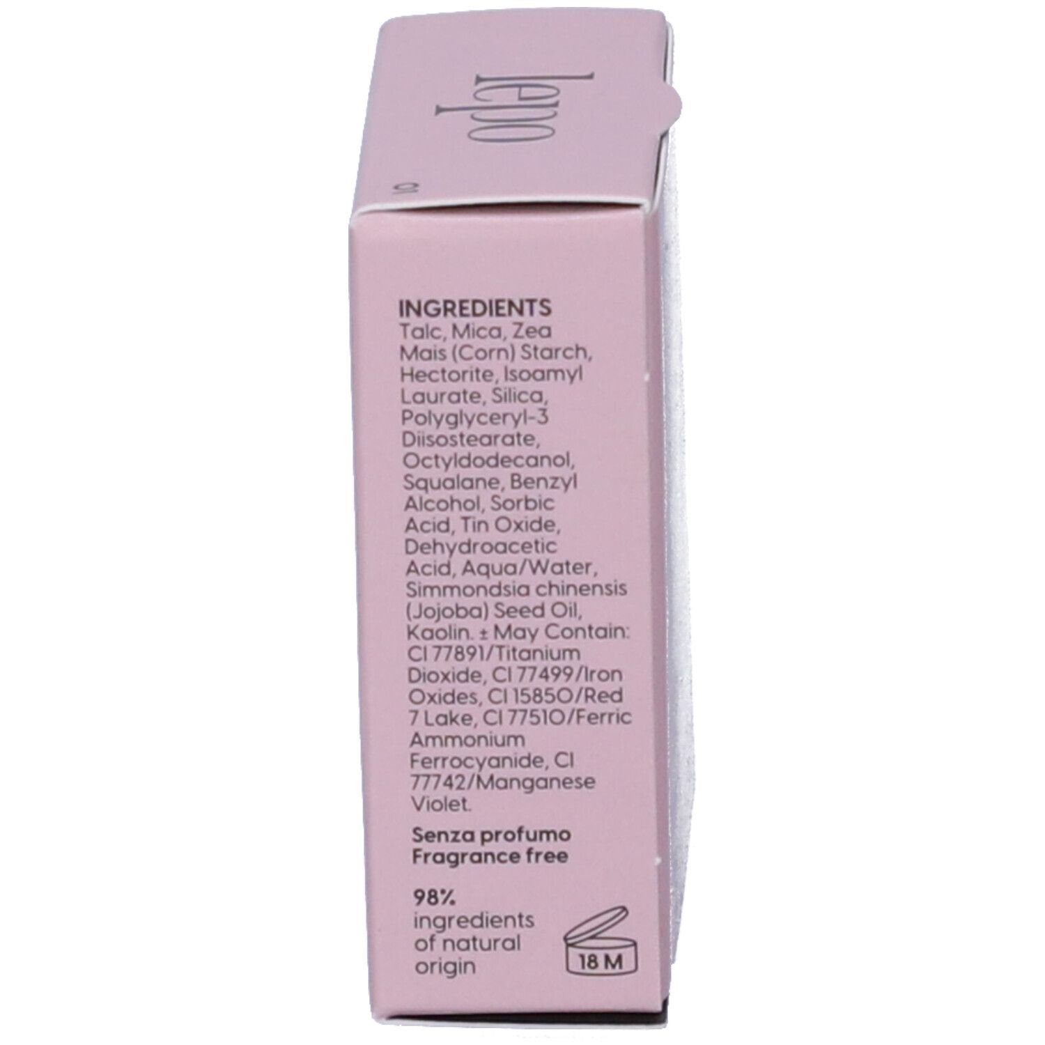 Lato della confezione LEPO 3D Wet & Dry Ombretto Trio. Ingredienti, testo: 98% ingredienti naturali.