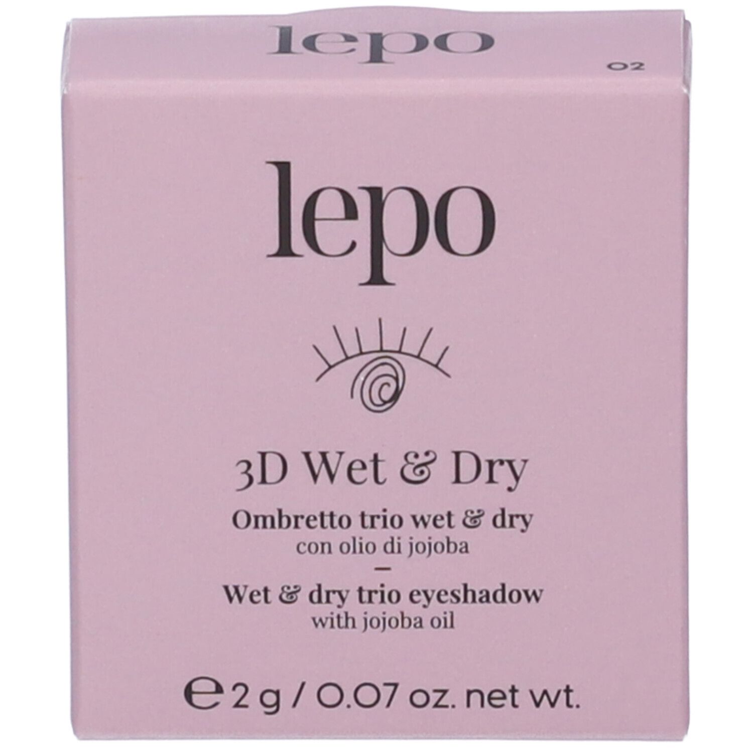 Confezione con nome e dettagli del prodotto. Testo: lepo, 3D Wet & Dry, e 2g/0.07 oz. net wt.