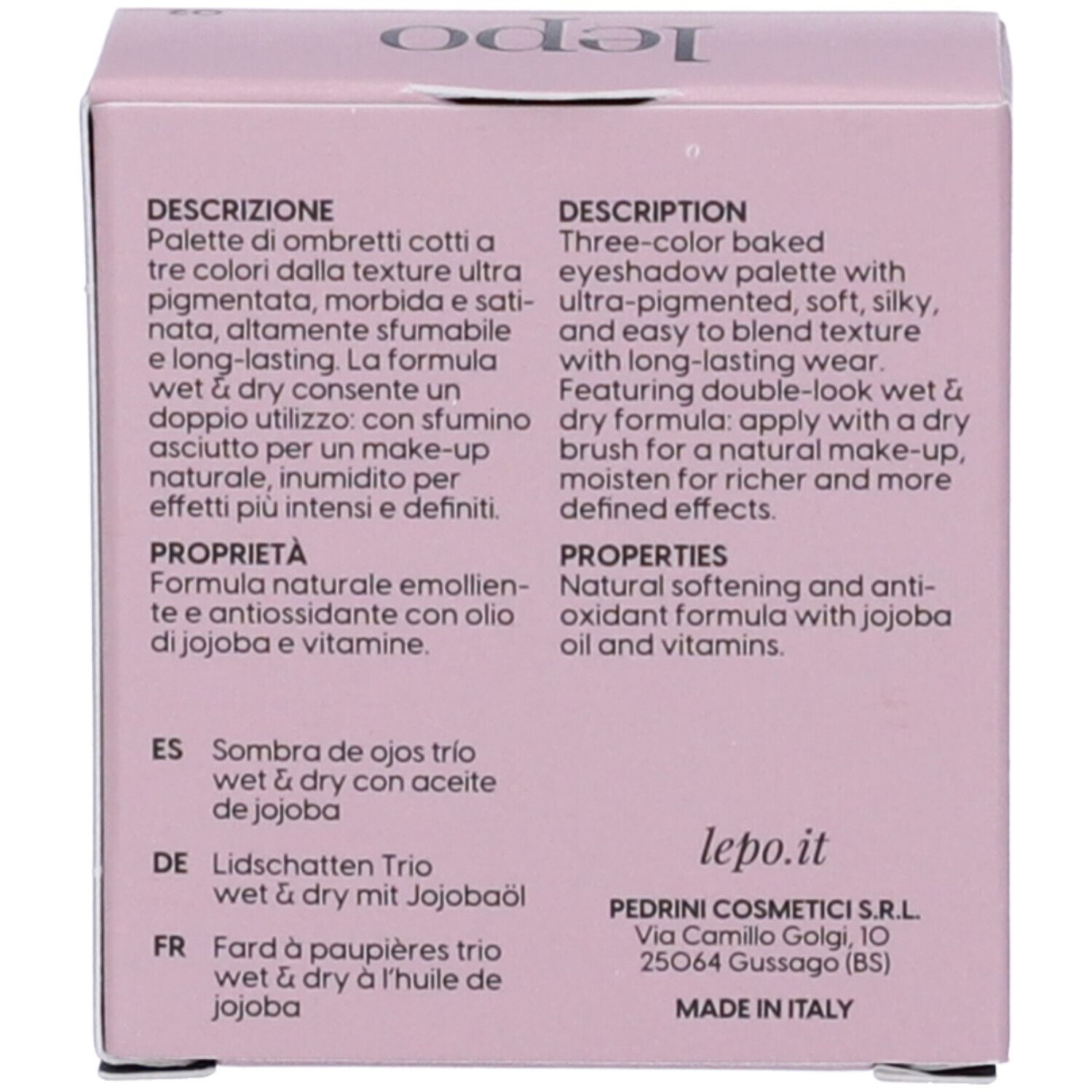Retro della confezione. Testo: Descrizione, Proprietà, lepo.it, MADE IN ITALY.
