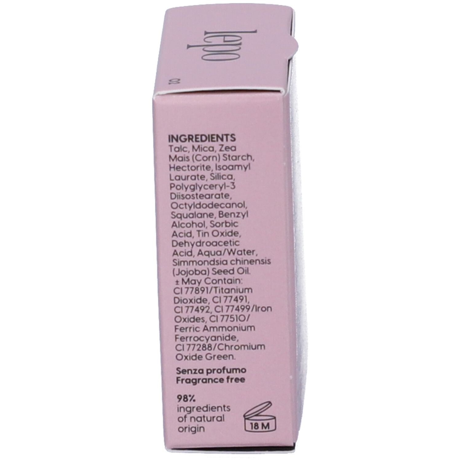 Retro della confezione. Testo: Ingredienti, 98% ingredienti di origine naturale, 18M.