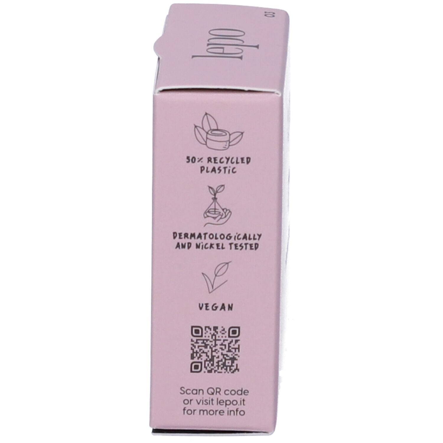 Lato della confezione rosa. Testo: 50% plastica riciclata, dermatologicamente e nichel testato, vegano.